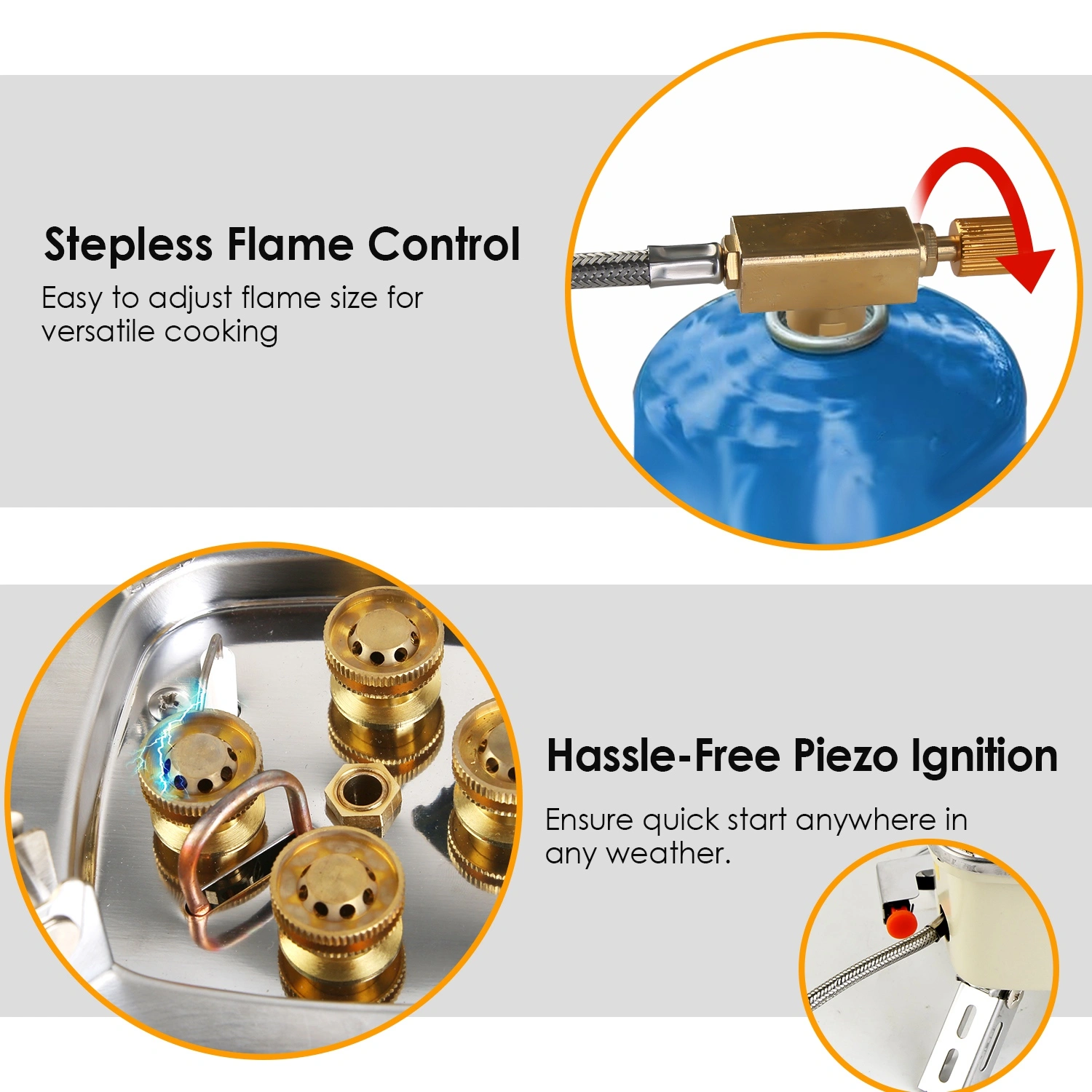13KW Stepless Adjustable Camping Gas Stove Windproof 5 Burner Head Copper Preheating Tube, Piezo Ignition Compatible with Butane Propane ISO Canister Foldable Design with 33.5in Hose Storage Bag view 9