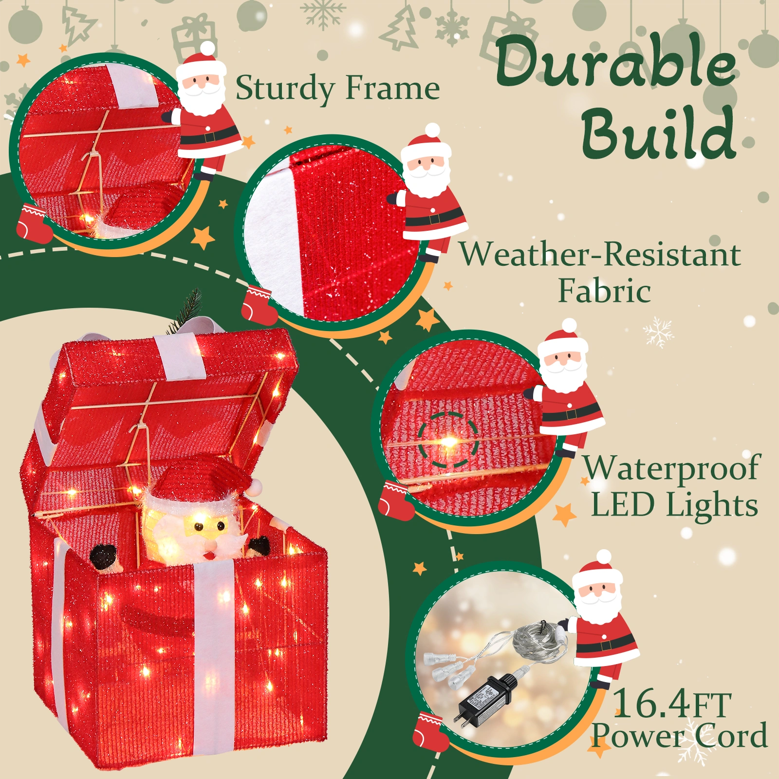 12in Motorized Pop-up Gift Box with Santa, Outdoor Christmas Decorations with Motor & 60 LED Lights, for Xmas Outdoor Holiday Indoor Decor Lighted Holiday Displays view 5