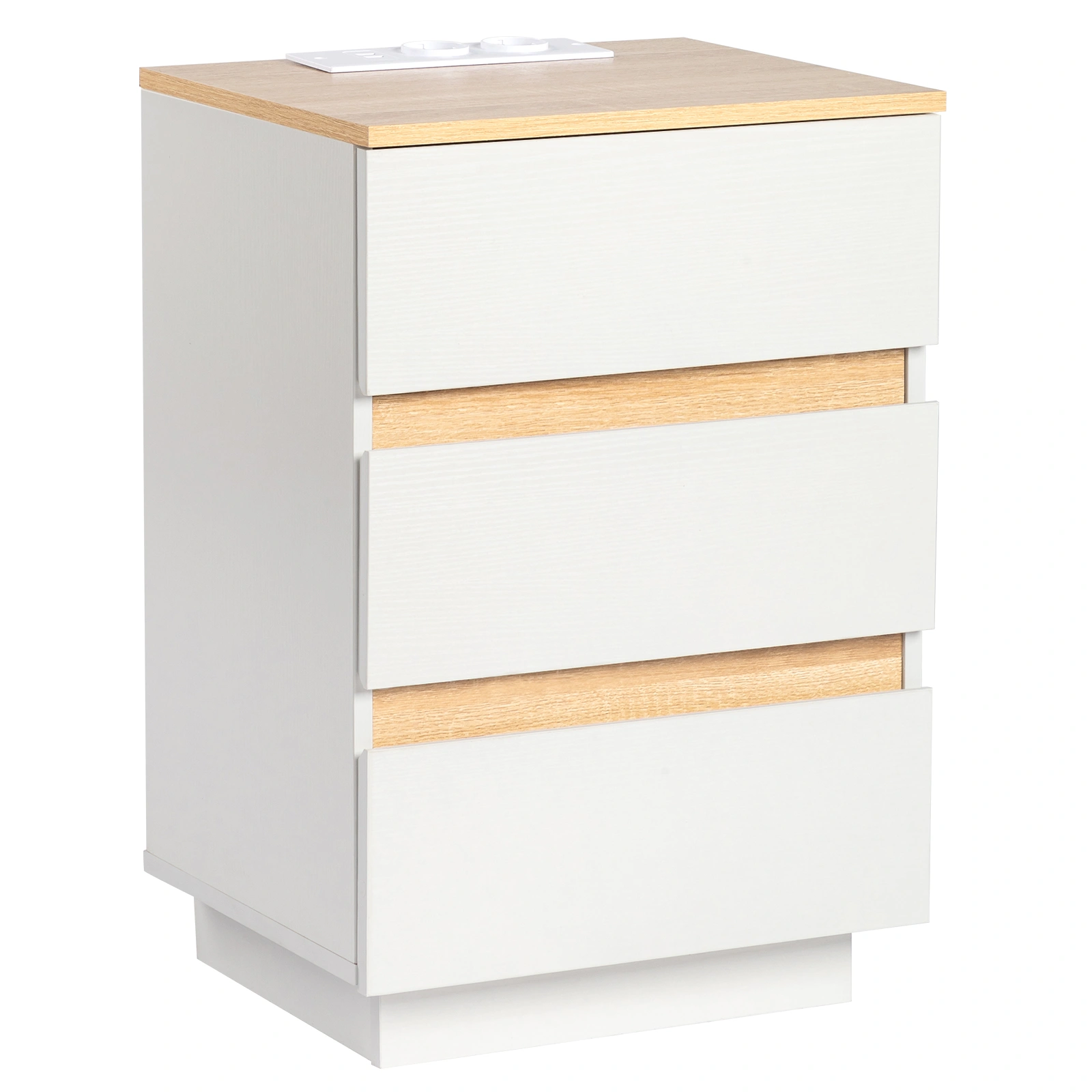 2pcs 3-Drawer Bedside Table, 38×32×56cm Night Stand, E1 Particleboard White & Oak Embossed Melamine, Handle-Free, European Socket
