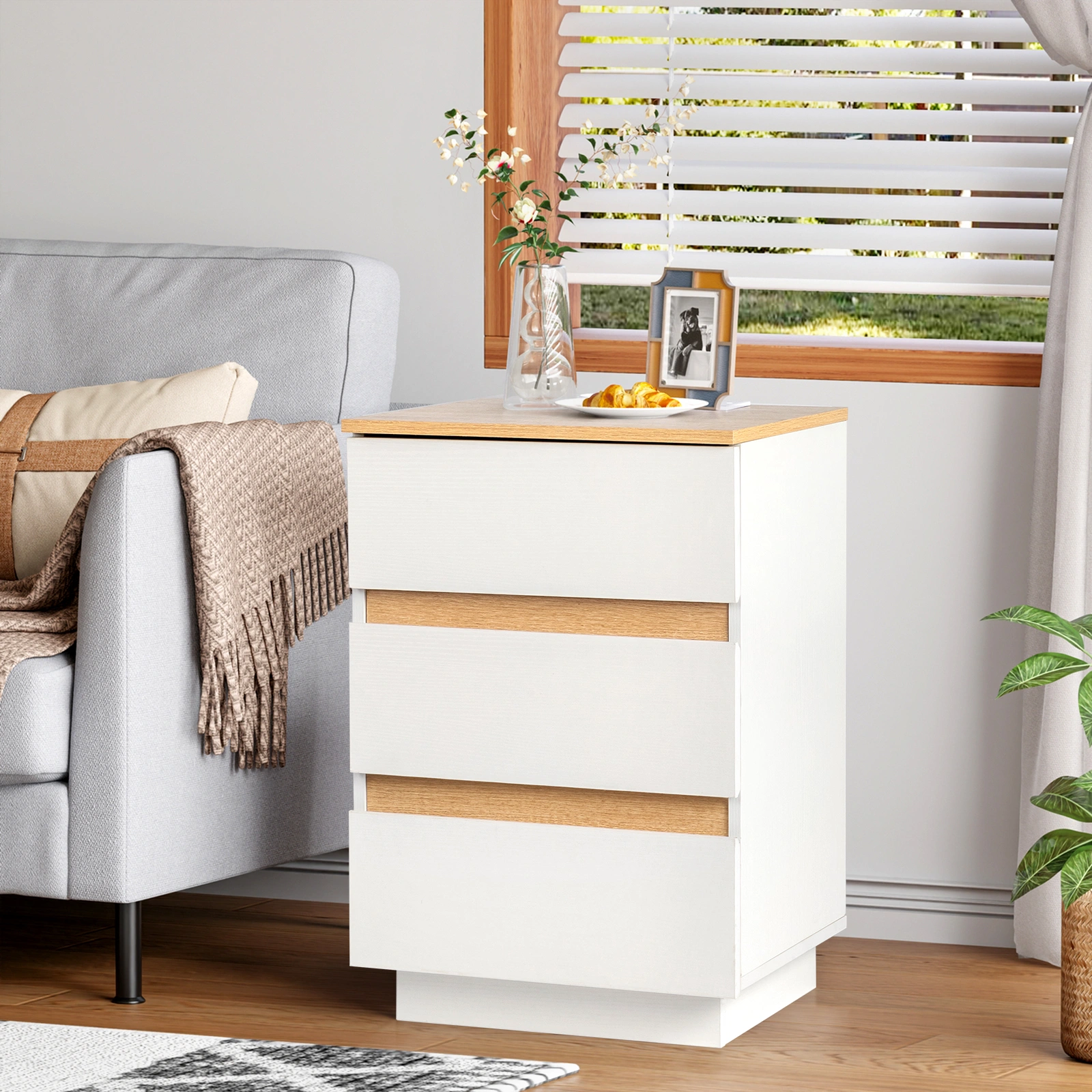 2pcs 3-Drawer Bedside Table, 38×32×56cm Night Stand, E1 Particleboard White & Oak Embossed Melamine, Handle-Free, European Socket view 2