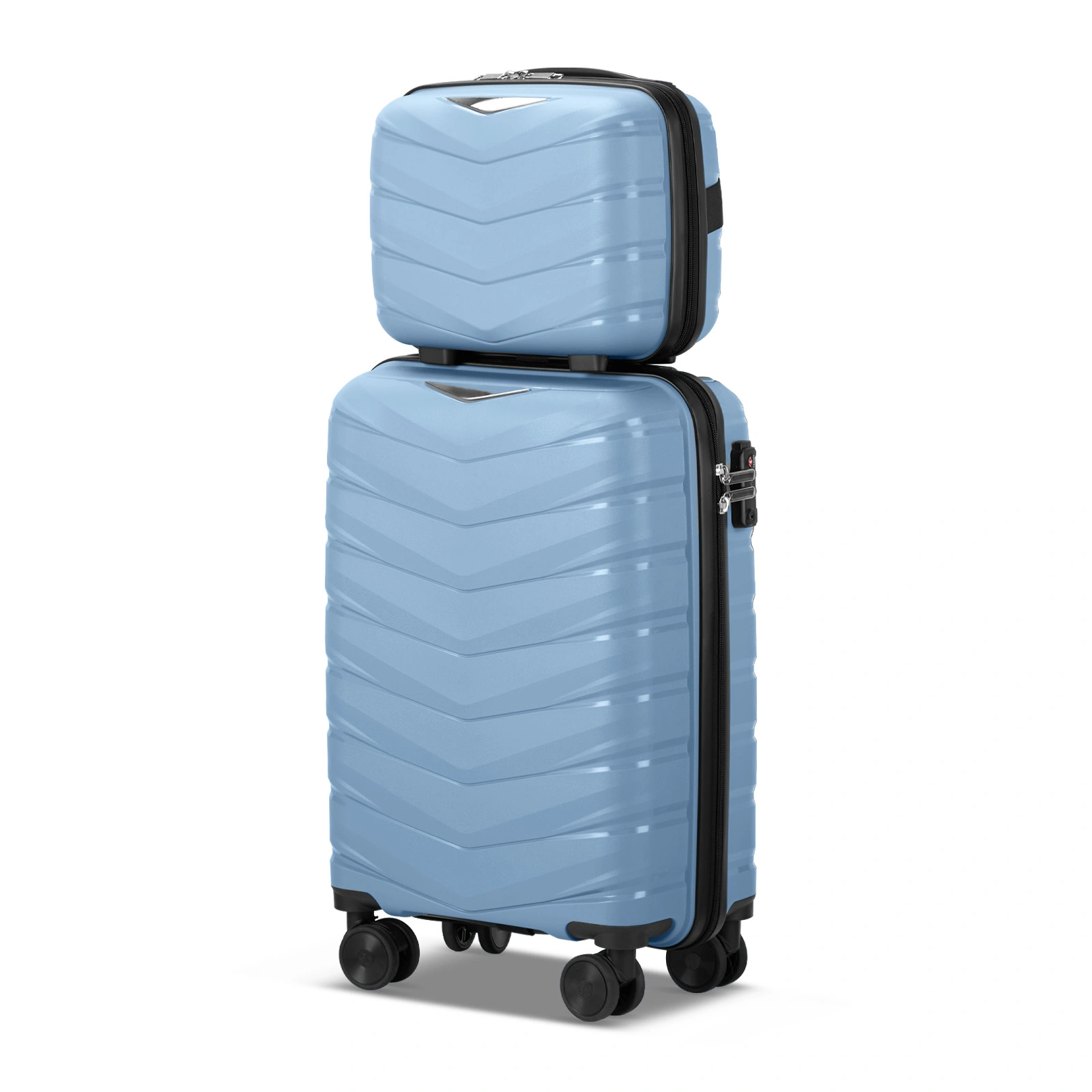 2 Piece PP Luggage Set 14in 20in Sky Blue Grain Pattern V-Stripe Design with Iron Trolley Handle view 3
