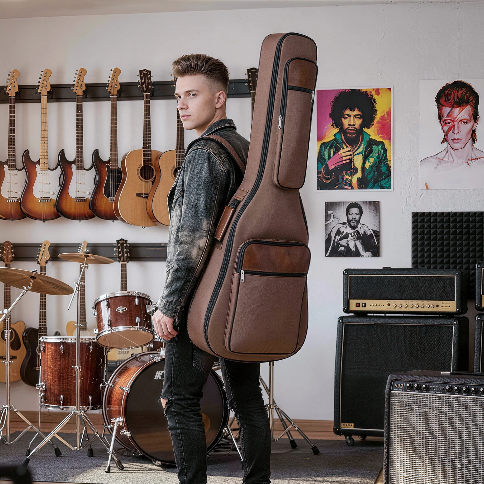 600D Extra-Thick Oxford Cloth Acoustic Guitar Bag with 10mm Sponge Padding — Brown (Fits 41/40-inch Guitars) view 9