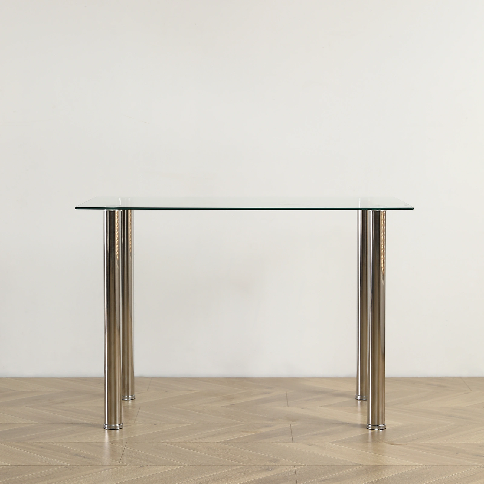 4-seat simple rectangular cylindrical leg table tempered glass stainless steel clear glass 110 * 70 * 75cm view 10