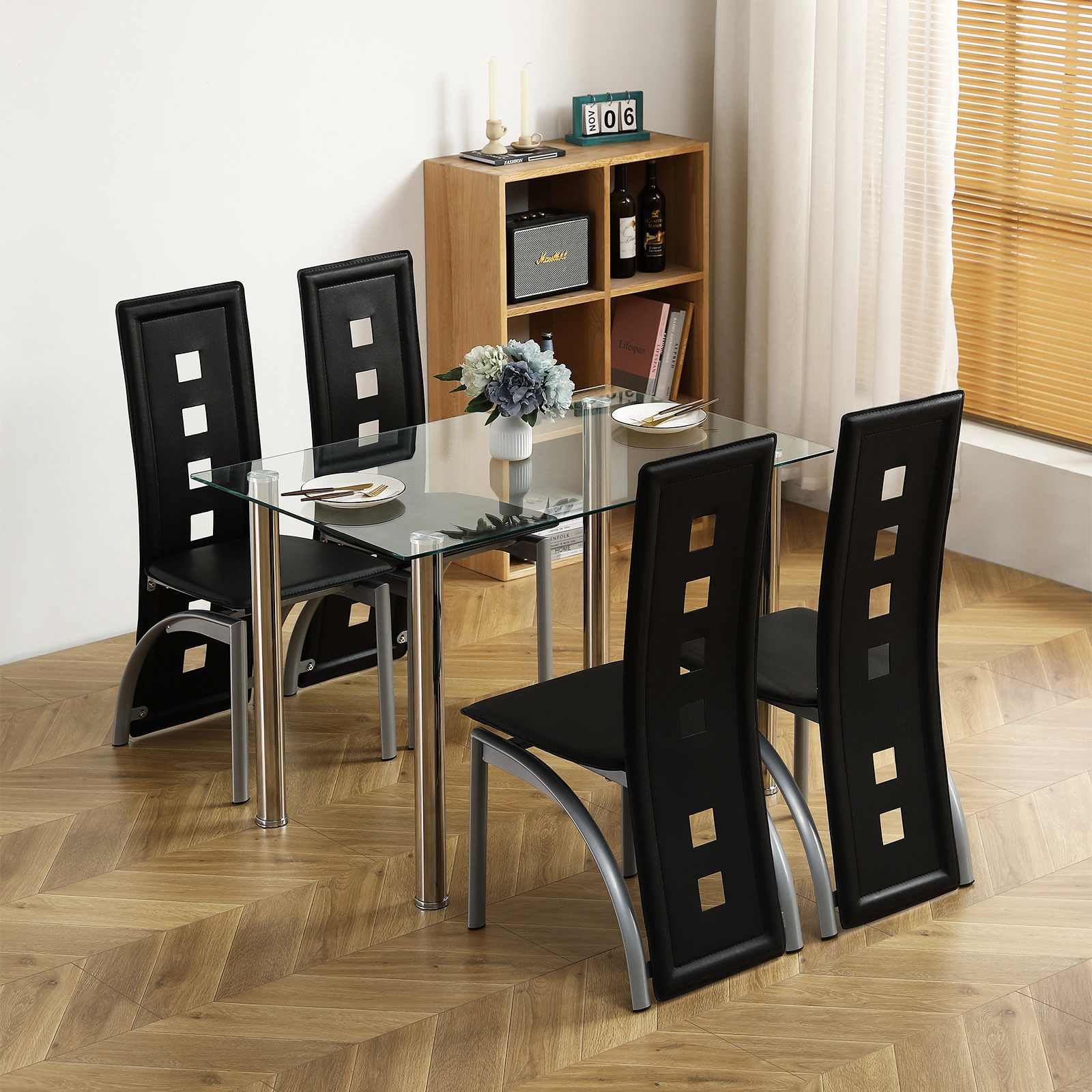 4-seat simple rectangular cylindrical leg table tempered glass stainless steel clear glass 110 * 70 * 75cm view 11