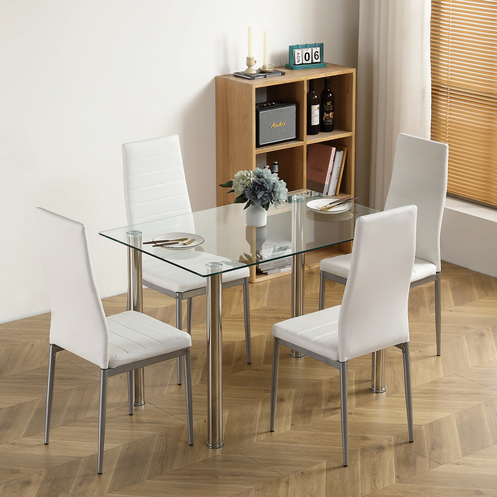 4-seat simple rectangular cylindrical leg table tempered glass stainless steel clear glass 110 * 70 * 75cm view 13