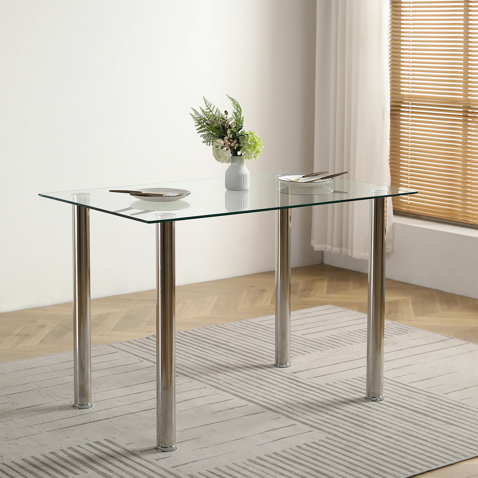 4-seat simple rectangular cylindrical leg table tempered glass stainless steel clear glass 110 * 70 * 75cm view 19