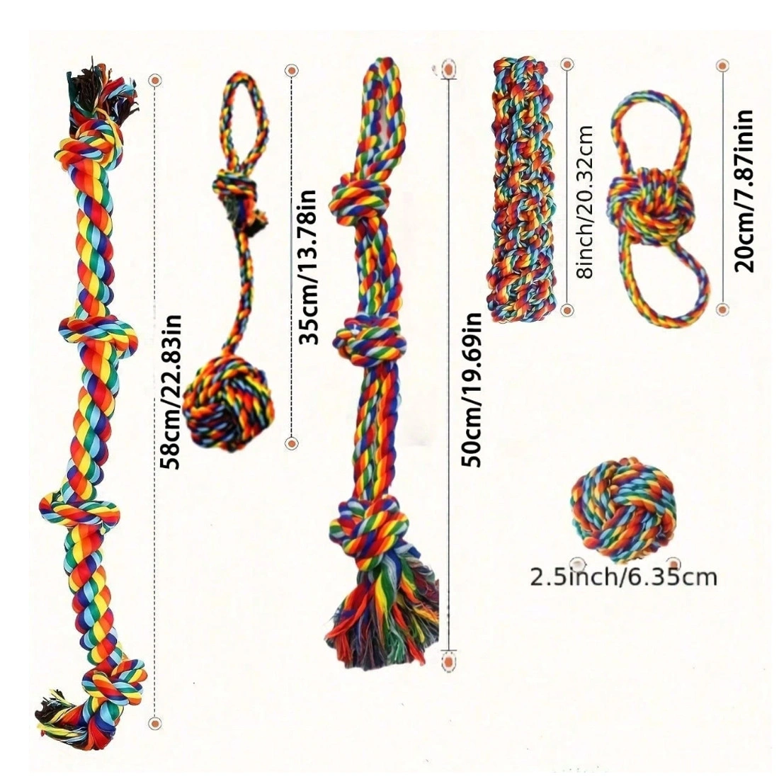 6PC Rainbow Dog Rope Toys Set, Durable Teeth Cleaning Knot Chew Toys for Small Medium Large Dogs view 2