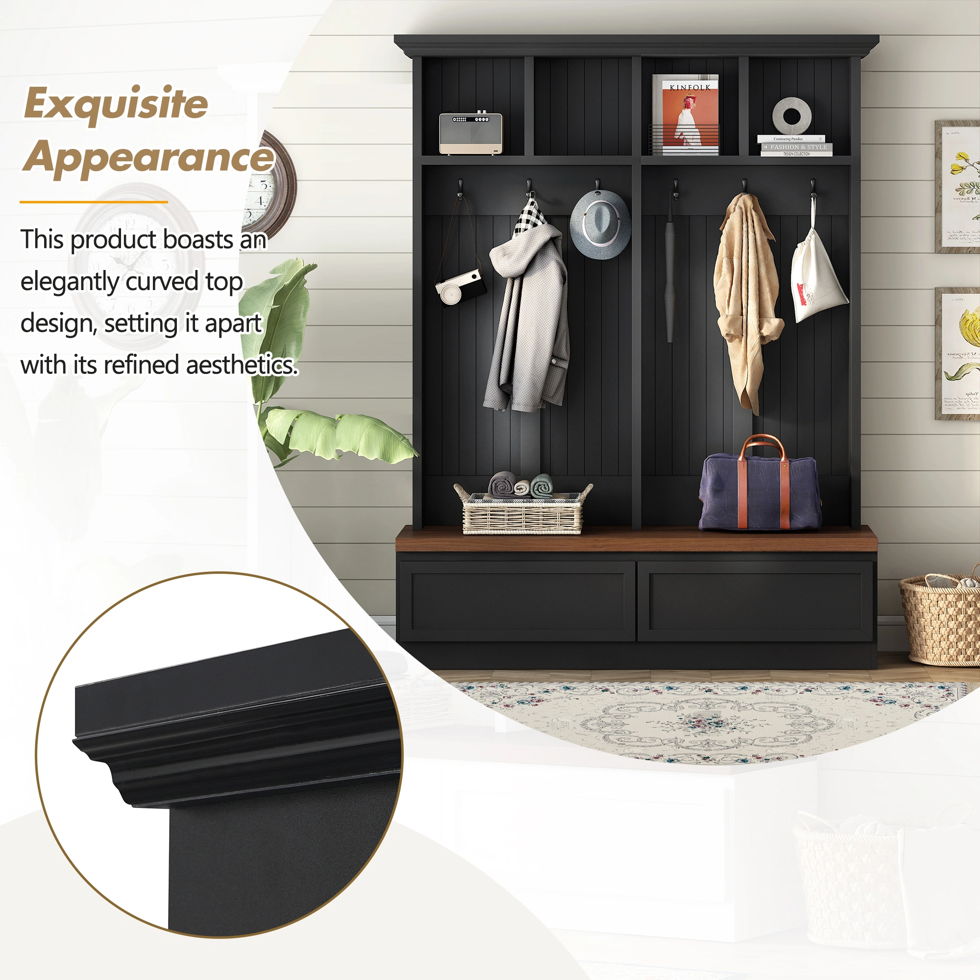 Farmhouse 4-in-1 Hall Tree with Wood Grain Bench, Mudroom Versatile Coat Rack with 2 Large Drawer, Entrance Organizer for Hallway, Living Room, Black, 55.9"W view 10