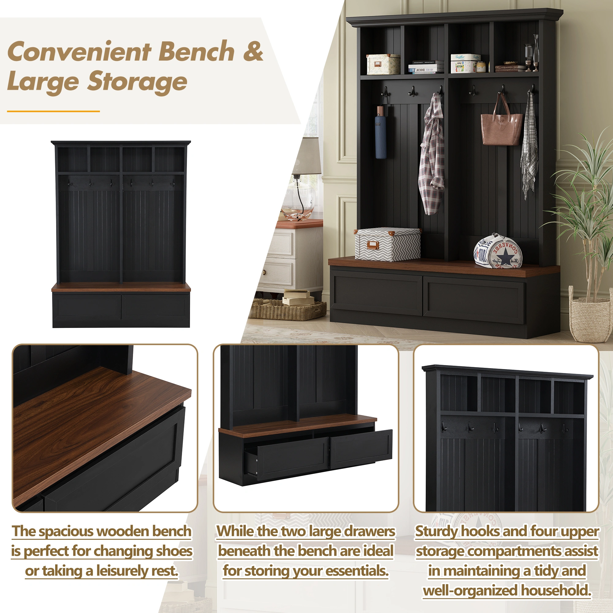 Farmhouse 4-in-1 Hall Tree with Wood Grain Bench, Mudroom Versatile Coat Rack with 2 Large Drawer, Entrance Organizer for Hallway, Living Room, Black, 55.9"W view 11