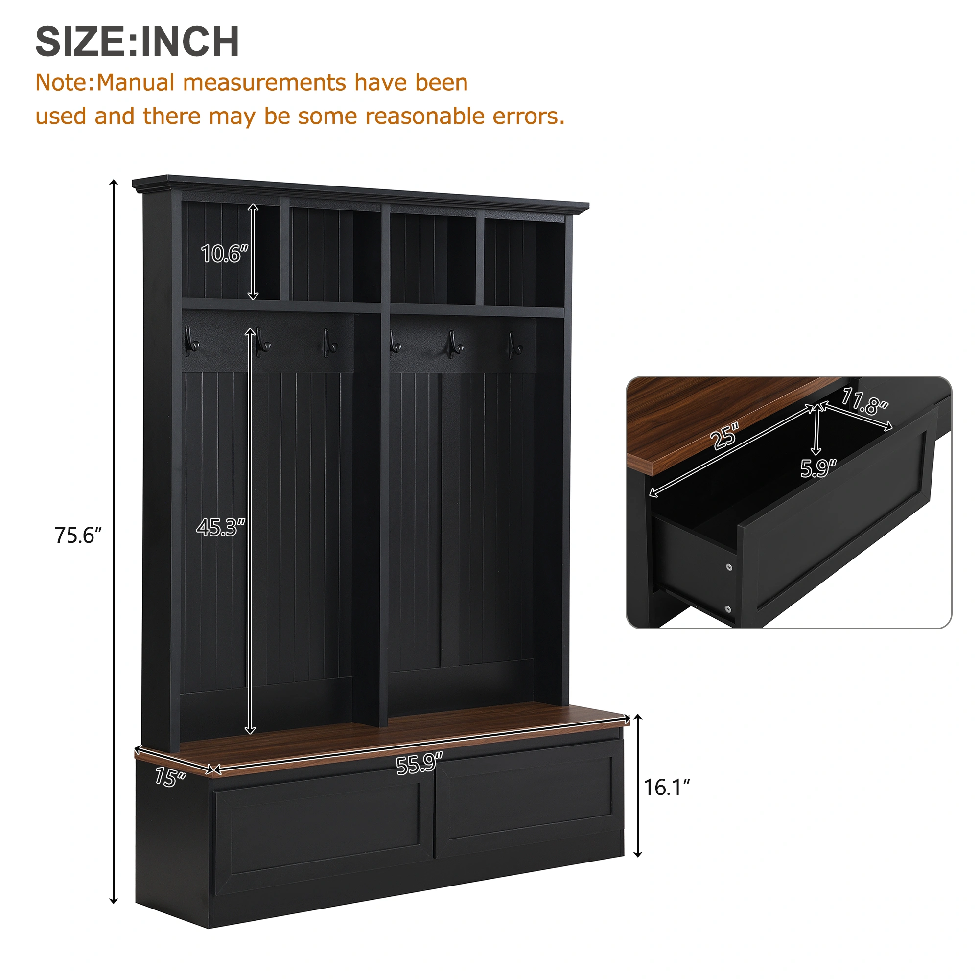 Farmhouse 4-in-1 Hall Tree with Wood Grain Bench, Mudroom Versatile Coat Rack with 2 Large Drawer, Entrance Organizer for Hallway, Living Room, Black, 55.9"W view 4