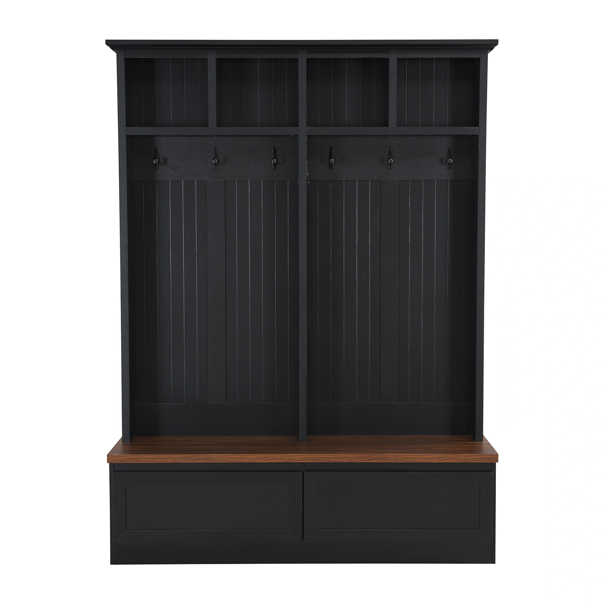 Farmhouse 4-in-1 Hall Tree with Wood Grain Bench, Mudroom Versatile Coat Rack with 2 Large Drawer, Entrance Organizer for Hallway, Living Room, Black, 55.9"W view 5
