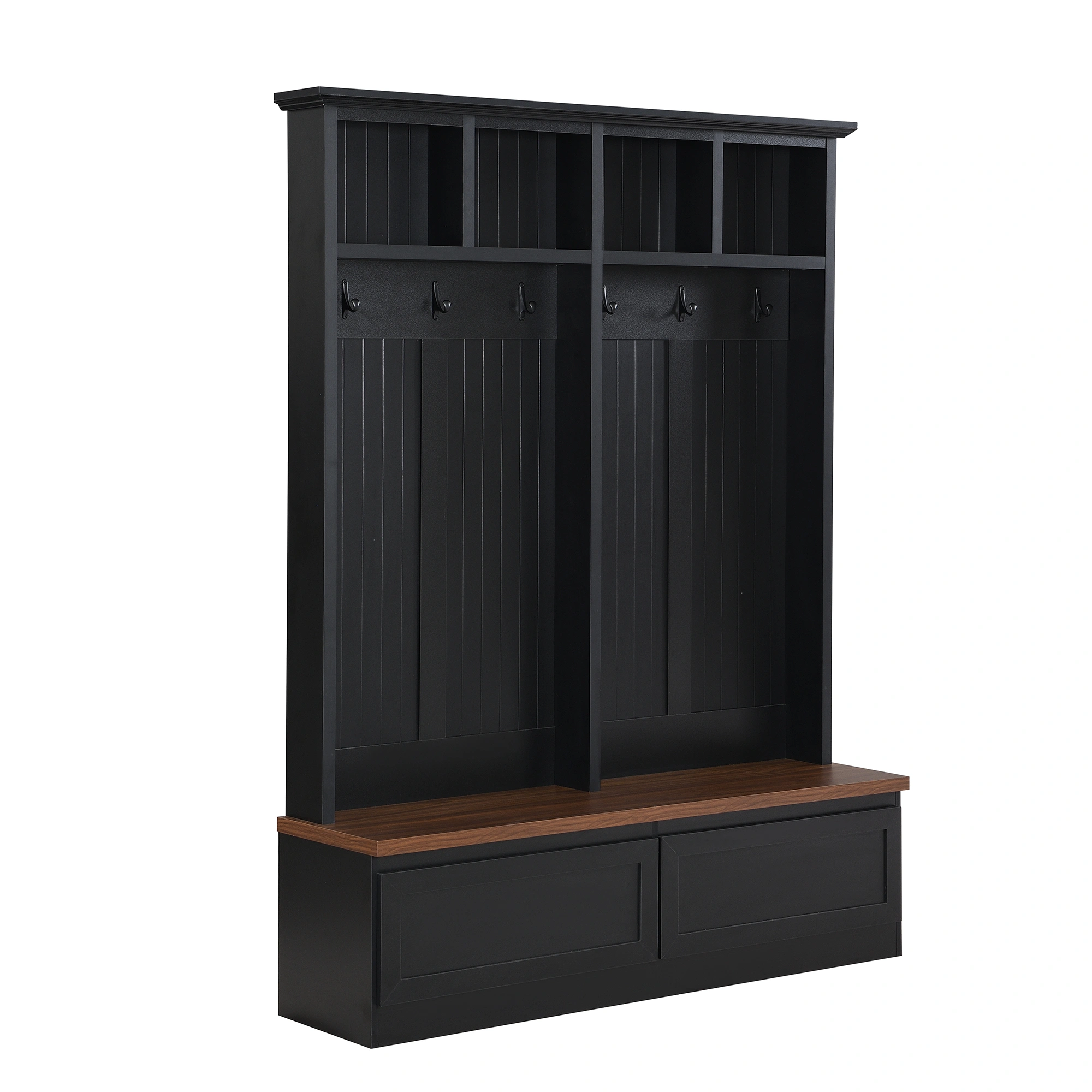 Farmhouse 4-in-1 Hall Tree with Wood Grain Bench, Mudroom Versatile Coat Rack with 2 Large Drawer, Entrance Organizer for Hallway, Living Room, Black, 55.9"W view 6