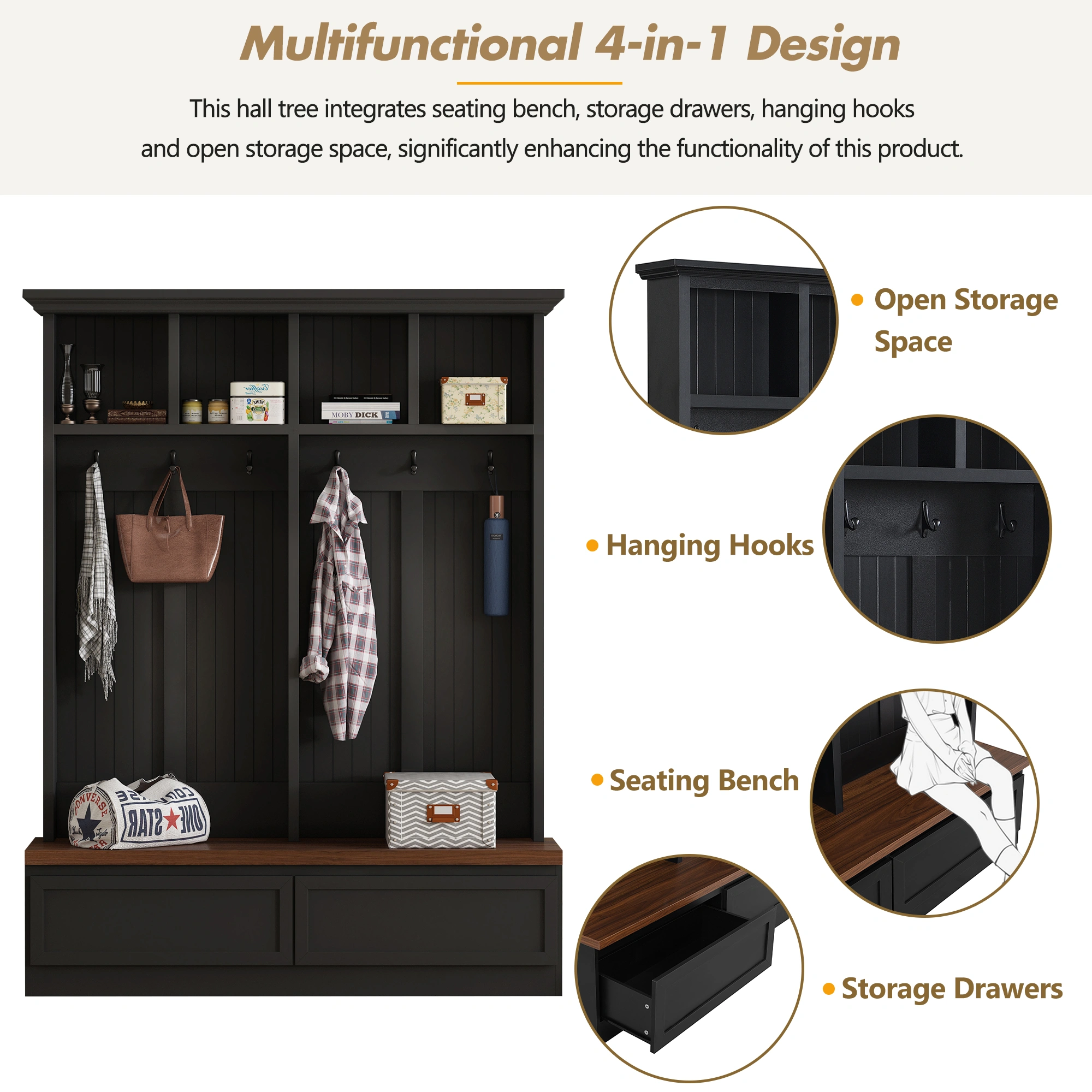 Farmhouse 4-in-1 Hall Tree with Wood Grain Bench, Mudroom Versatile Coat Rack with 2 Large Drawer, Entrance Organizer for Hallway, Living Room, Black, 55.9"W view 7