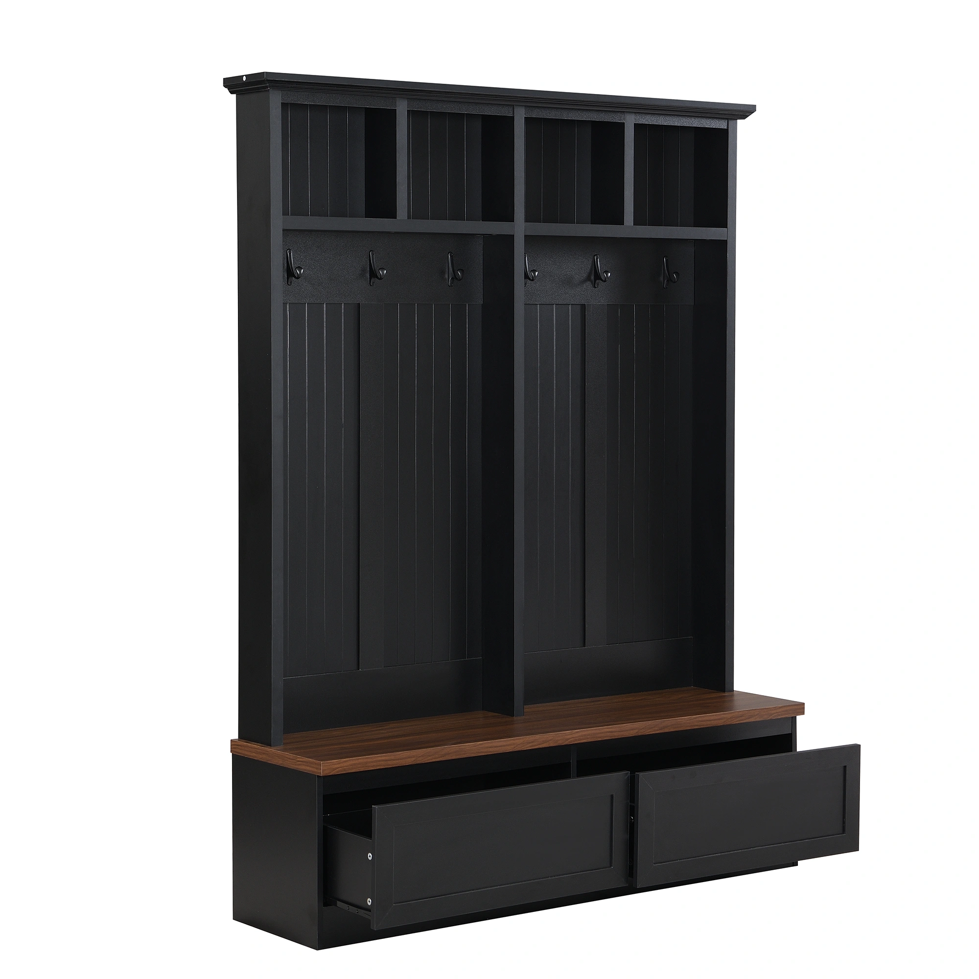 Farmhouse 4-in-1 Hall Tree with Wood Grain Bench, Mudroom Versatile Coat Rack with 2 Large Drawer, Entrance Organizer for Hallway, Living Room, Black, 55.9"W view 8