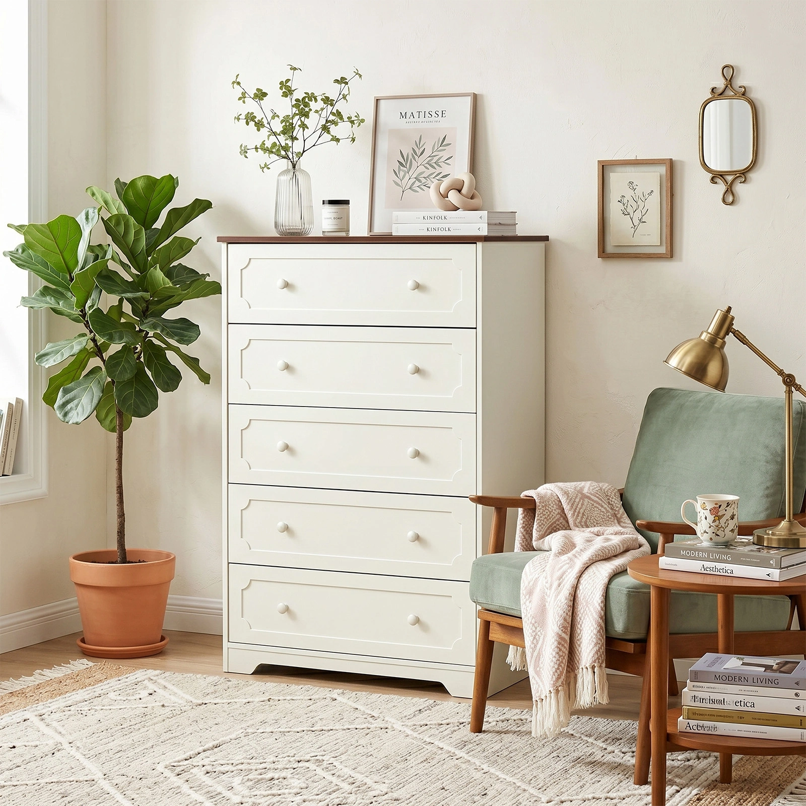 5-Drawer Cabinet with Solid Wood Veneer and Paint P2 MDF + P2 Particleboard Storage Cabinet 31.3*15.55*47.24in Dark brown Ceiling Panels + Light Brown Cabinets view 12