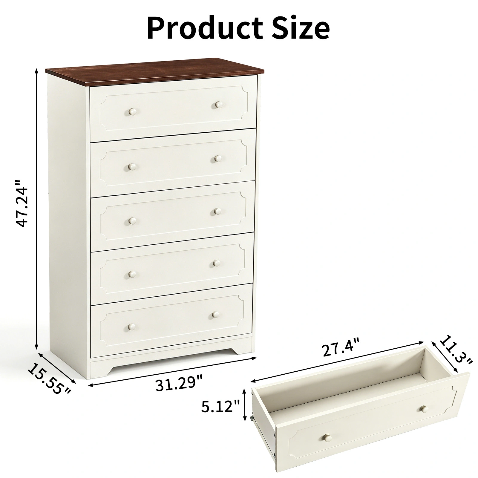 5-Drawer Cabinet with Solid Wood Veneer and Paint P2 MDF + P2 Particleboard Storage Cabinet 31.3*15.55*47.24in Dark brown Ceiling Panels + Light Brown Cabinets view 5