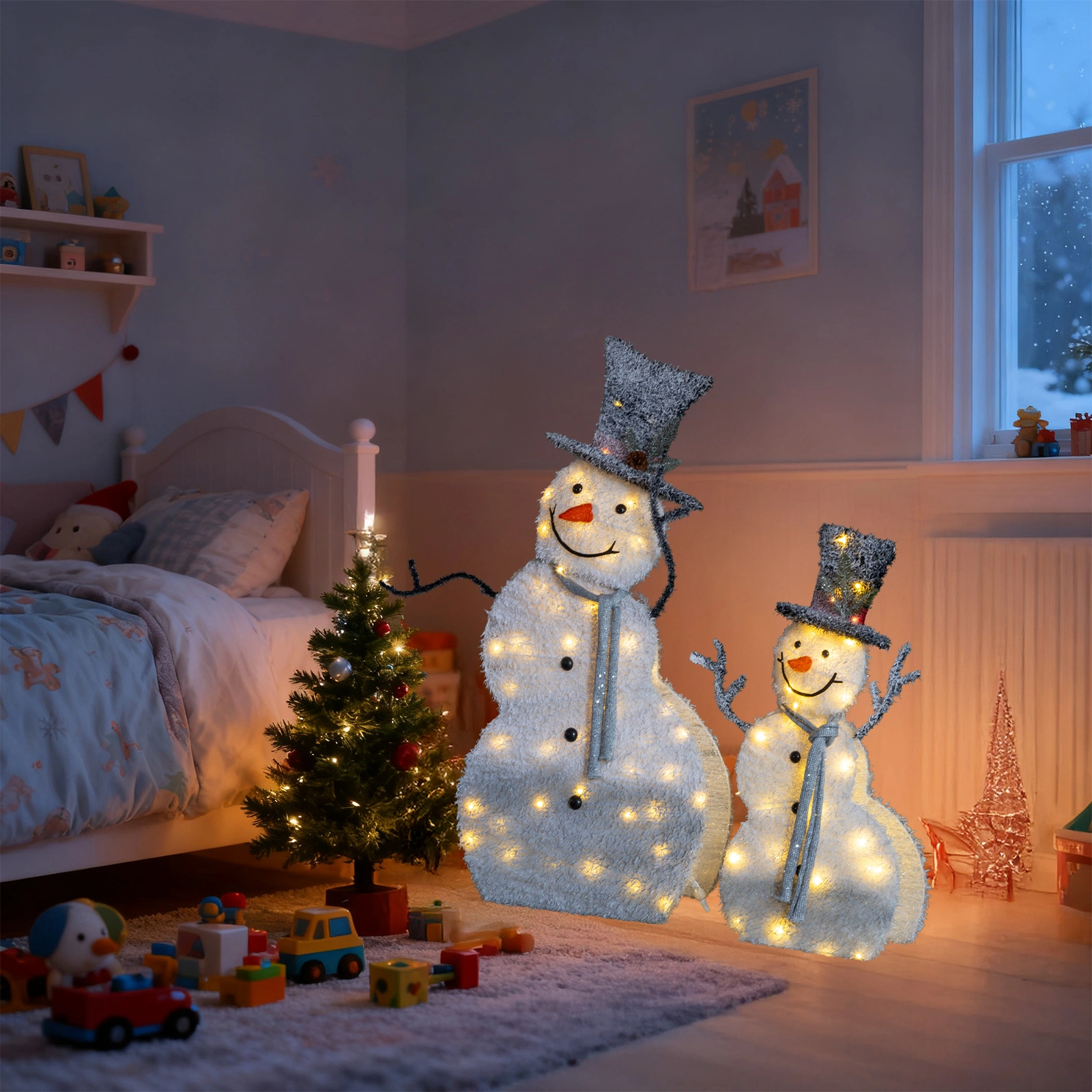 Set of 2 Lighted Snowman with Top Hat Christmas Decorations, Pre-lit 2D Holiday Decor with 80 Warm White LED Lights for Xmas Outdoor Indoor Decor Lighted Holiday Displays view 12