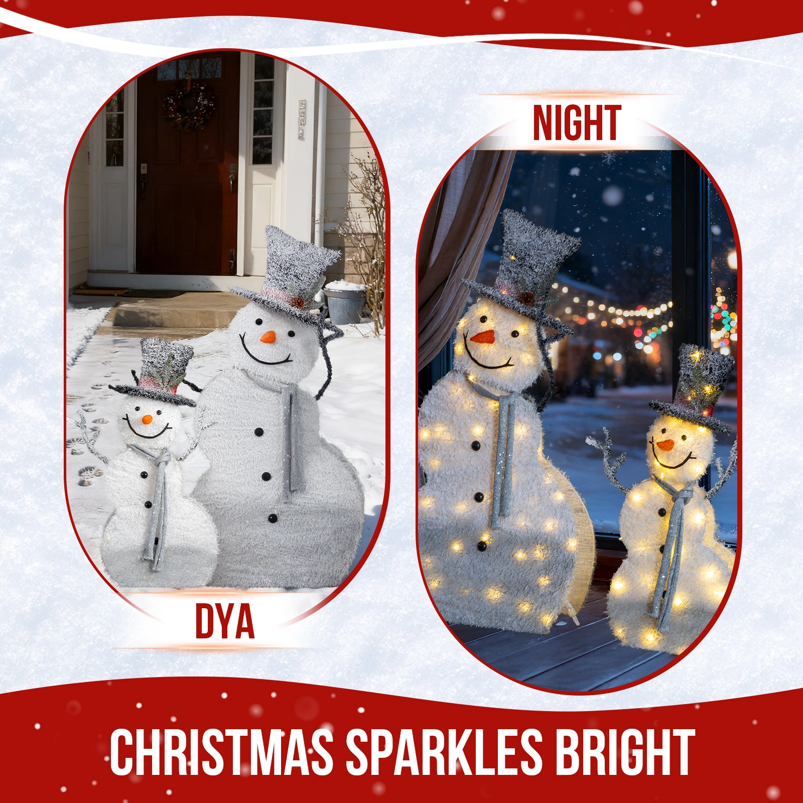 Set of 2 Lighted Snowman with Top Hat Christmas Decorations, Pre-lit 2D Holiday Decor with 80 Warm White LED Lights for Xmas Outdoor Indoor Decor Lighted Holiday Displays view 7