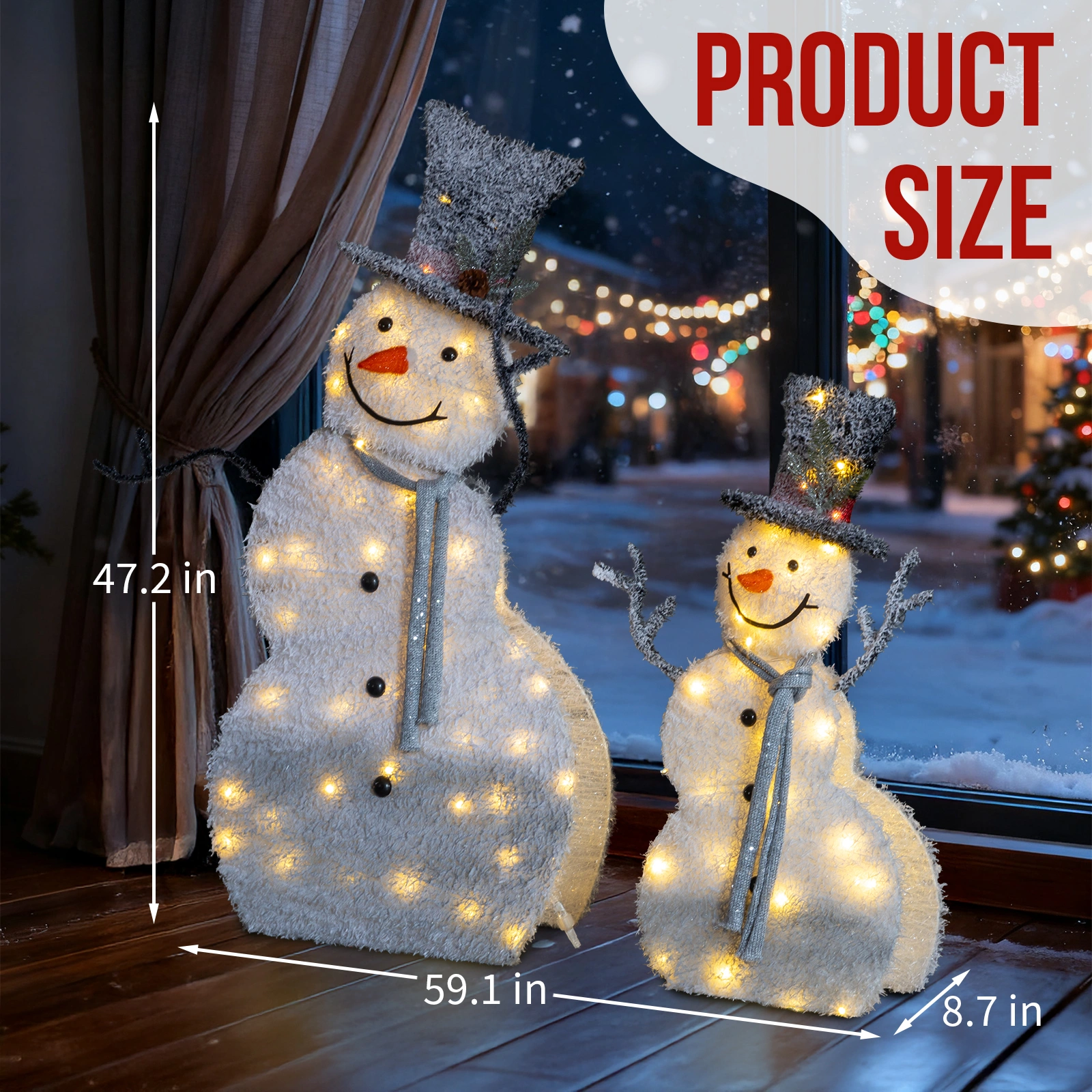 Set of 2 Lighted Snowman with Top Hat Christmas Decorations, Pre-lit 2D Holiday Decor with 80 Warm White LED Lights for Xmas Outdoor Indoor Decor Lighted Holiday Displays view 8