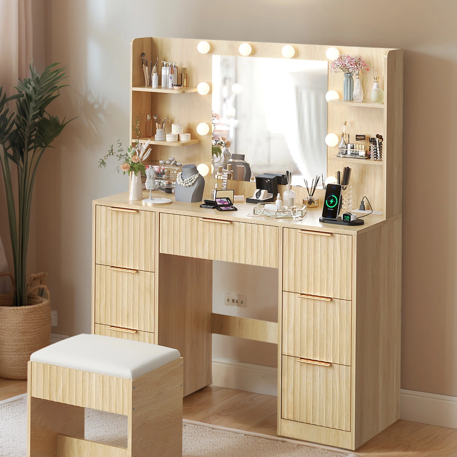 Oak-colored particleboard with a 7-drawer, 4-shelf dressing table set with 10 three-tone light bulbs, power strip, and grille. view 2