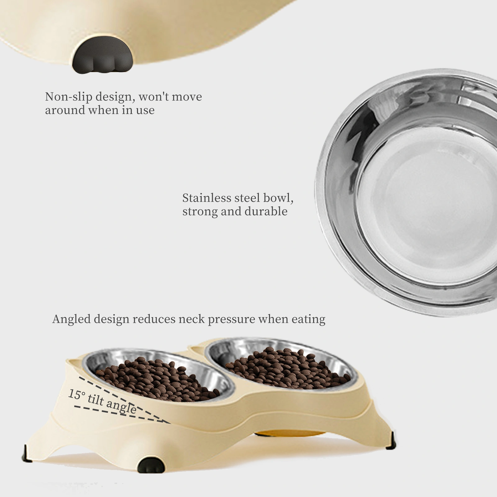 Anti slip base double cat food bowl, pink stainless steel food and water bowl, easy to clean and detachable design, cat and dog pet feeder view 2