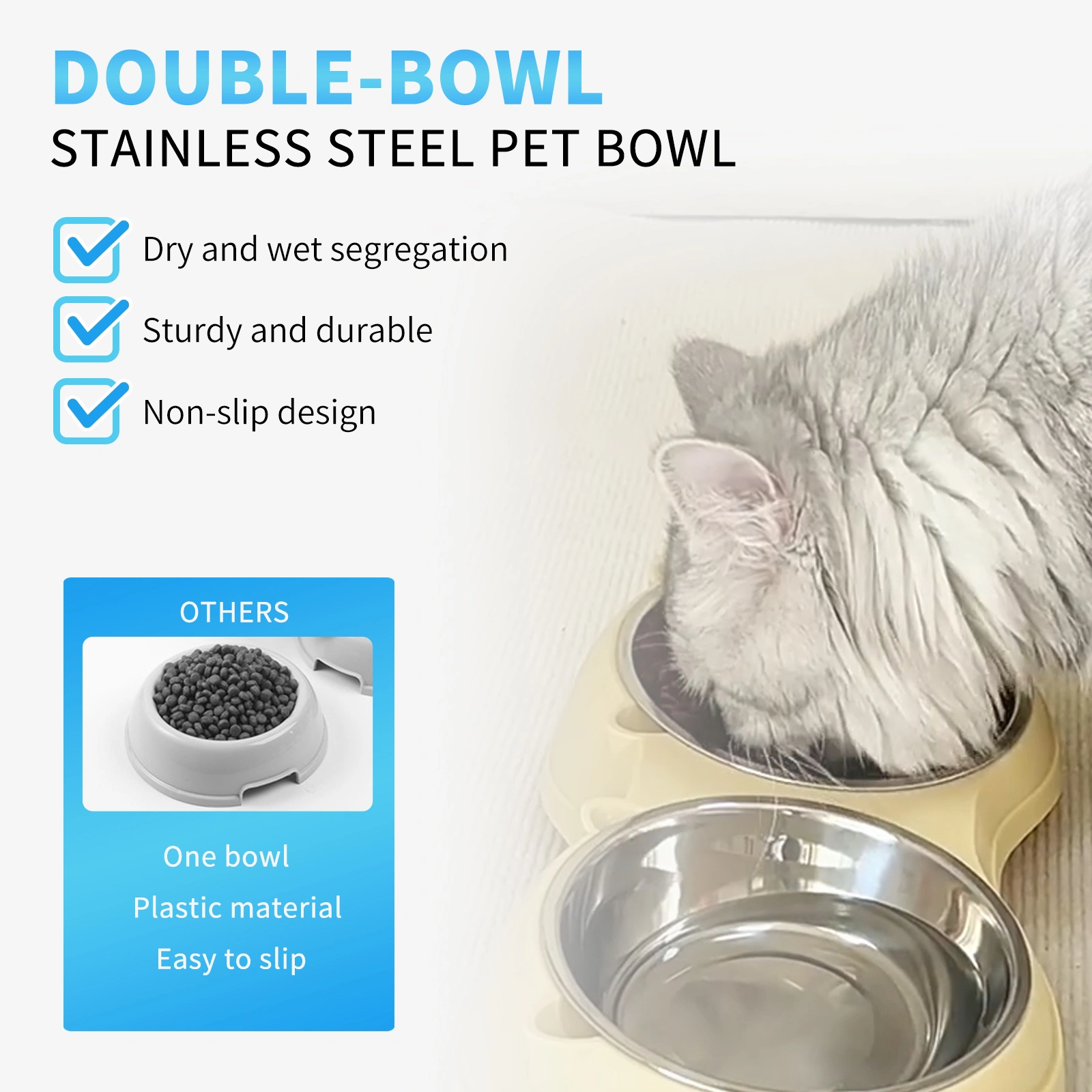 Anti slip base double cat food bowl, pink stainless steel food and water bowl, easy to clean and detachable design, cat and dog pet feeder view 3