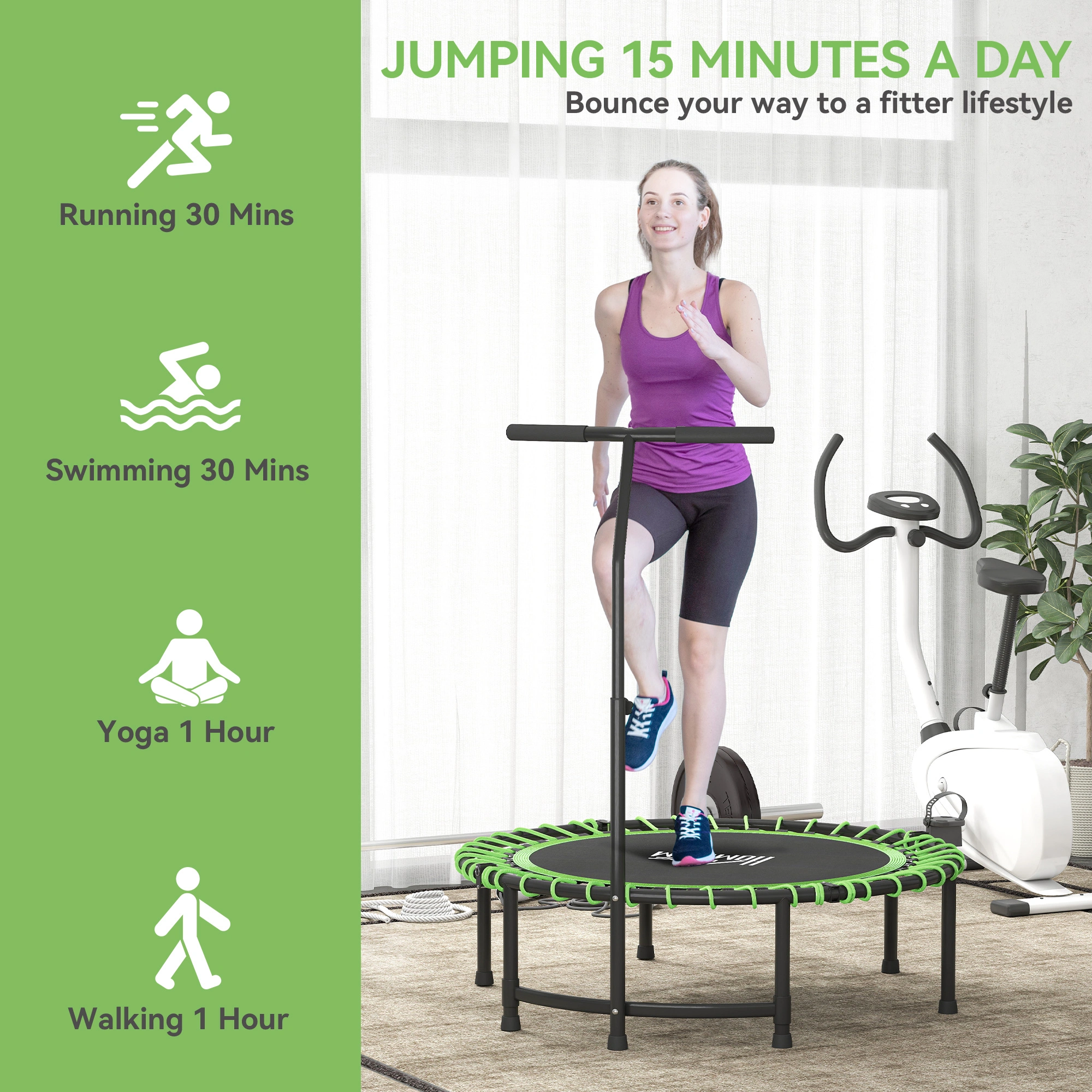 Heavy Duty Exercise Trampoline 400LB, Foldable Fitness Trampoline with Pad & Handle Bars view 2