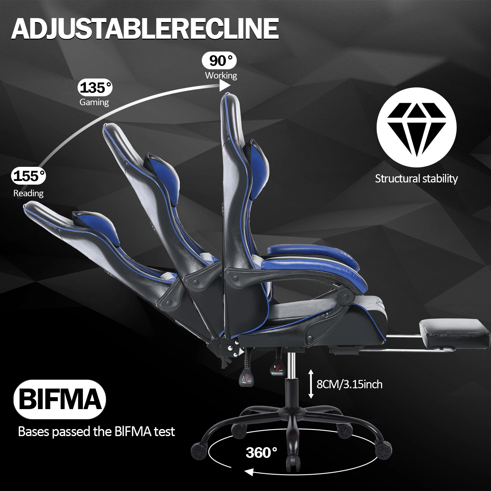 Big and Tall Gaming Chair with Footrest, Ergonomic PU Leather Office Chair, Adjustable Reclining Desk Chair 360° Swivel with Wheels, for Adults, Blue view 3