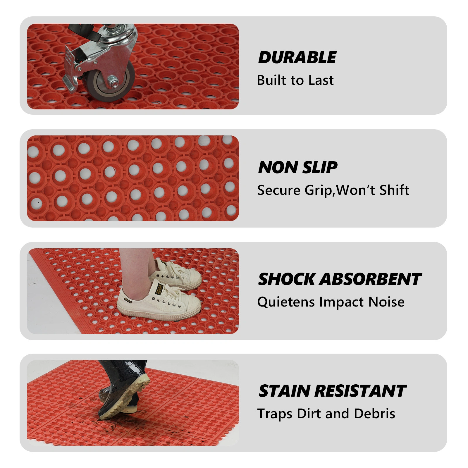 1PC Red Rubber Anti-Fatigue Kitchen Mat, 90x90x1.2cm, Thick Non-Slip Floor Mat view 3