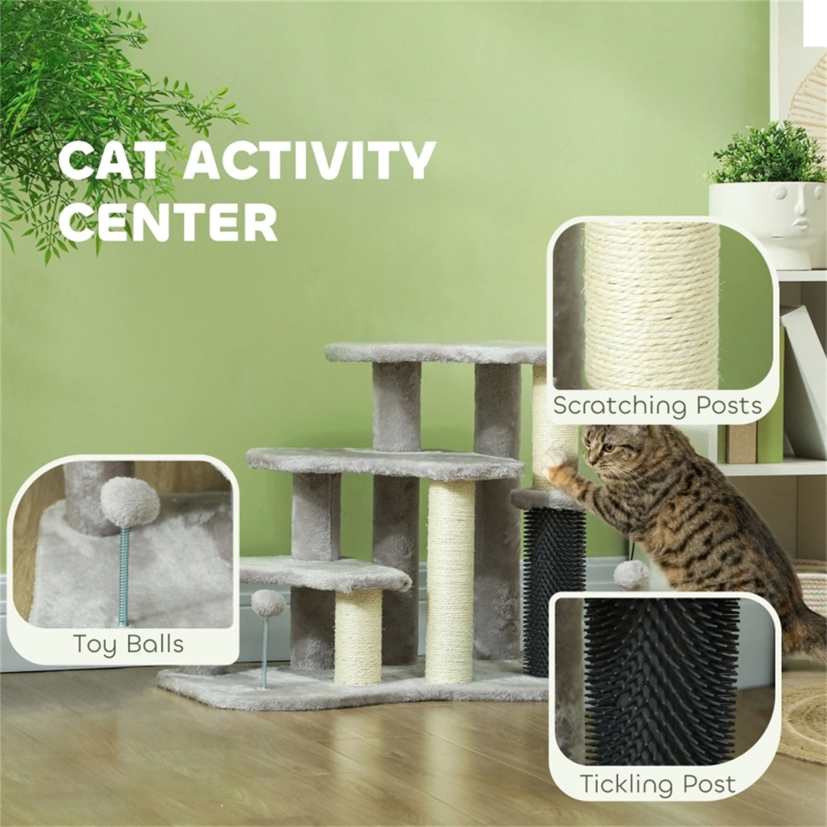 3-Step Cat Stairs 2-in-1 Cat Tree Tower with Scratching Post & Toy Balls, Indoor Cat Condo view 2