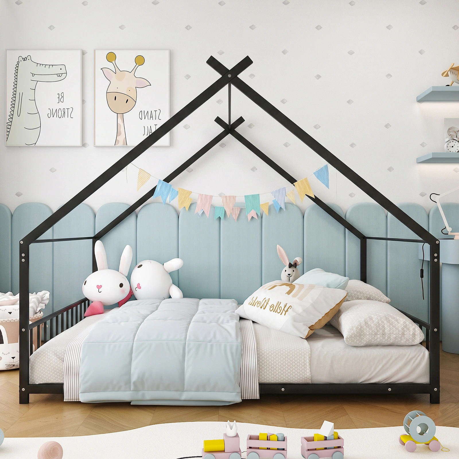 Full Size Metal House Bed Frame, Montessori Floor Bed with Safety Side Guard Rails, No Box Spring Needed, House-Shaped Platform Bed for Kids Toddlers Boys Girls, Black view 10
