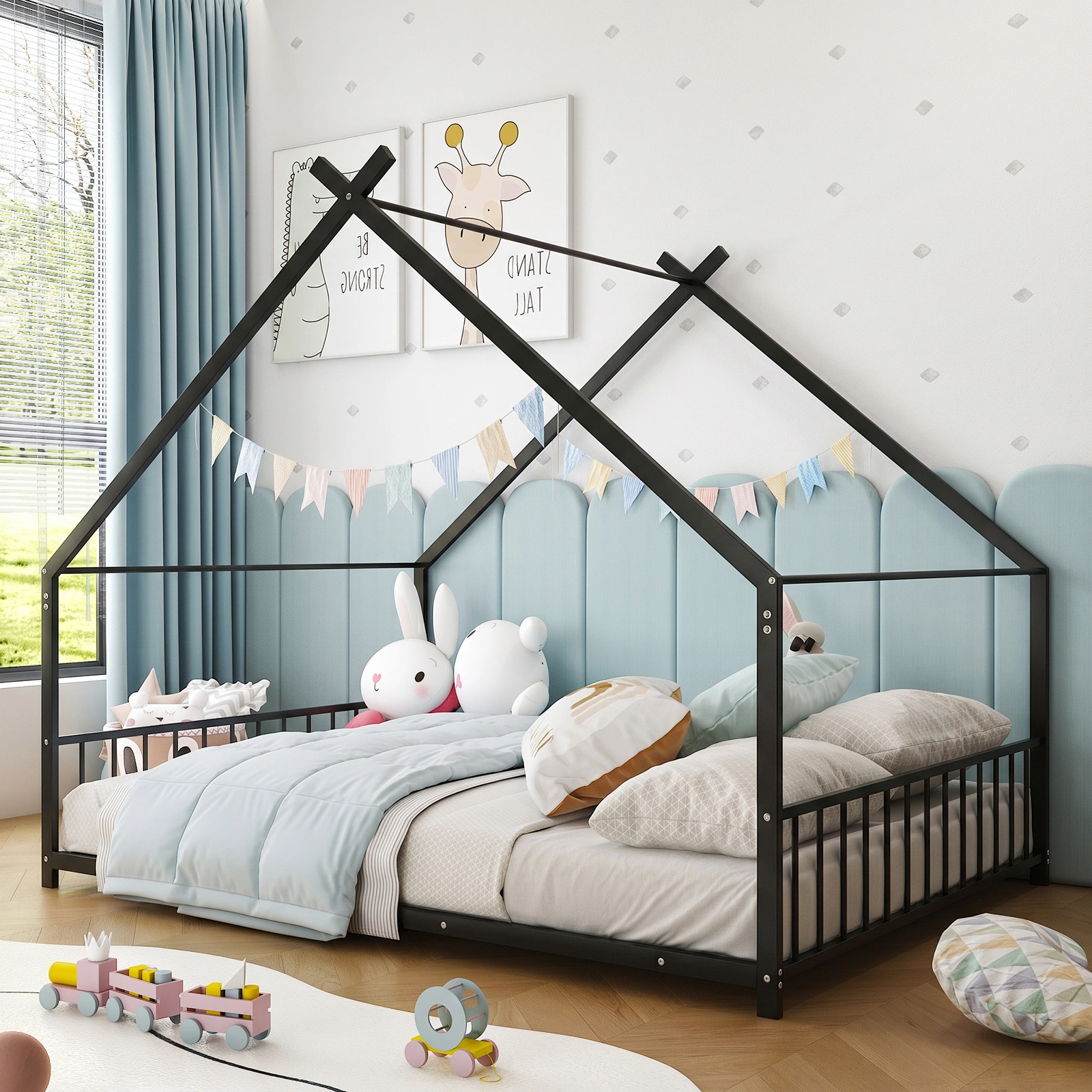 Full Size Metal House Bed Frame, Montessori Floor Bed with Safety Side Guard Rails, No Box Spring Needed, House-Shaped Platform Bed for Kids Toddlers Boys Girls, Black view 11