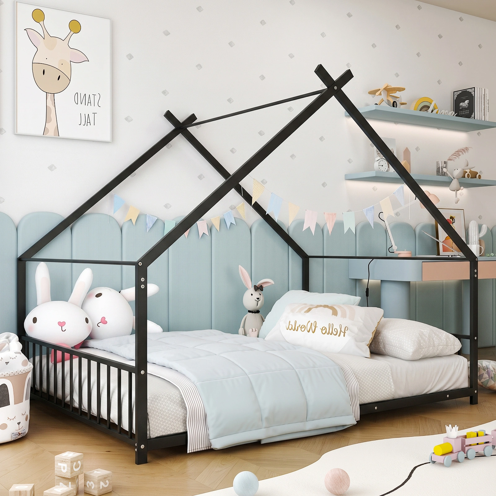 Full Size Metal House Bed Frame, Montessori Floor Bed with Safety Side Guard Rails, No Box Spring Needed, House-Shaped Platform Bed for Kids Toddlers Boys Girls, Black view 12