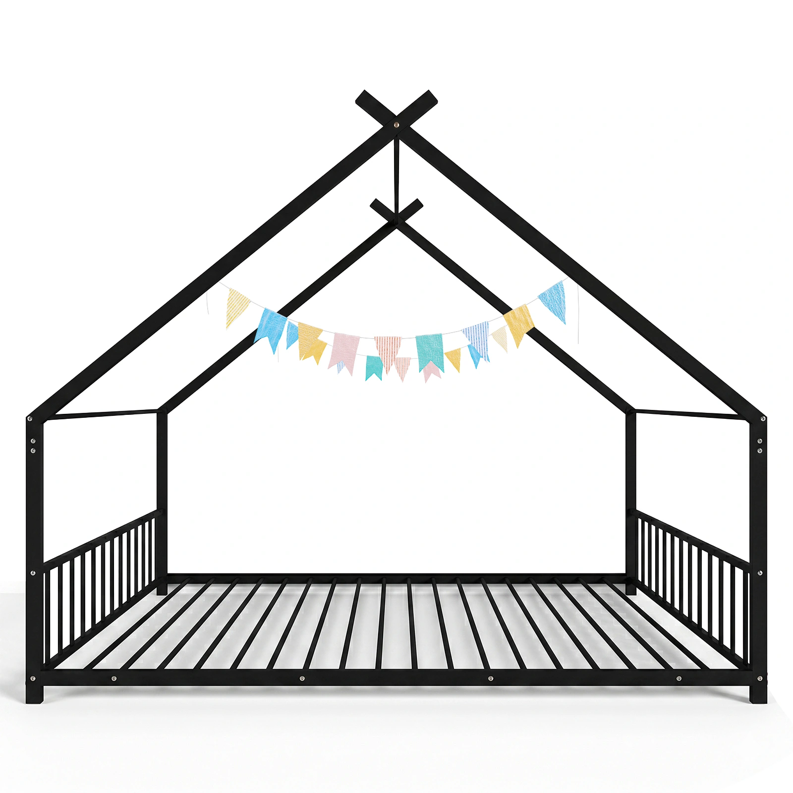 Full Size Metal House Bed Frame, Montessori Floor Bed with Safety Side Guard Rails, No Box Spring Needed, House-Shaped Platform Bed for Kids Toddlers Boys Girls, Black view 2