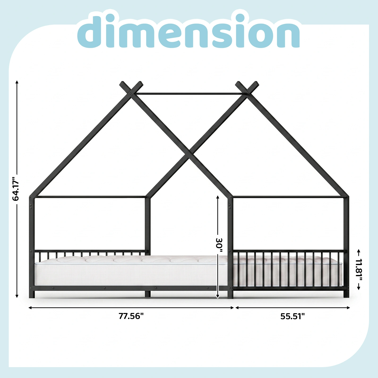 Full Size Metal House Bed Frame, Montessori Floor Bed with Safety Side Guard Rails, No Box Spring Needed, House-Shaped Platform Bed for Kids Toddlers Boys Girls, Black view 4