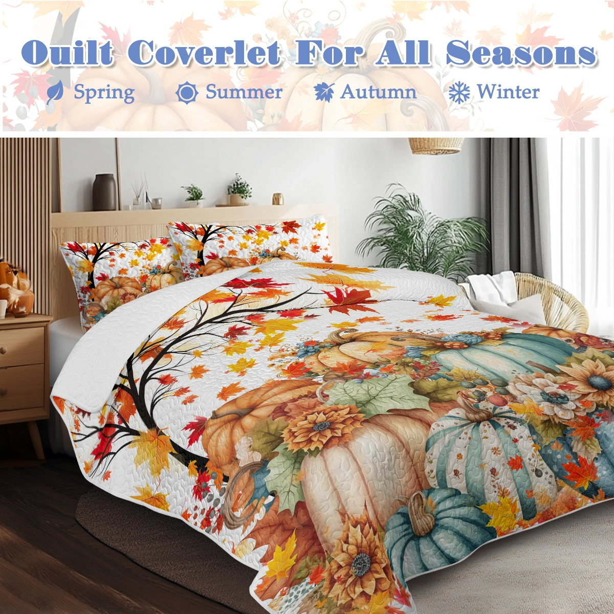 3PCS Colorful Oil Painting Pumpkin Pattern Quilt Set Queen Size for All Seasons Flower Fall Leaves Bedding Set with 2 Pillowcases for Kids Adults Thanksgiving Day Gifts(temu is self-pickup only) view 2