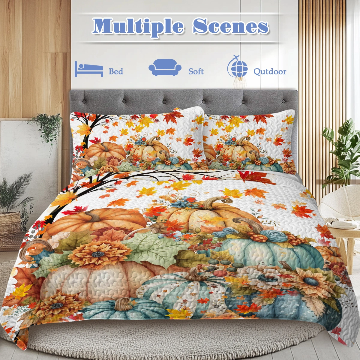 3PCS Colorful Oil Painting Pumpkin Pattern Quilt Set Queen Size for All Seasons Flower Fall Leaves Bedding Set with 2 Pillowcases for Kids Adults Thanksgiving Day Gifts(temu is self-pickup only) view 3