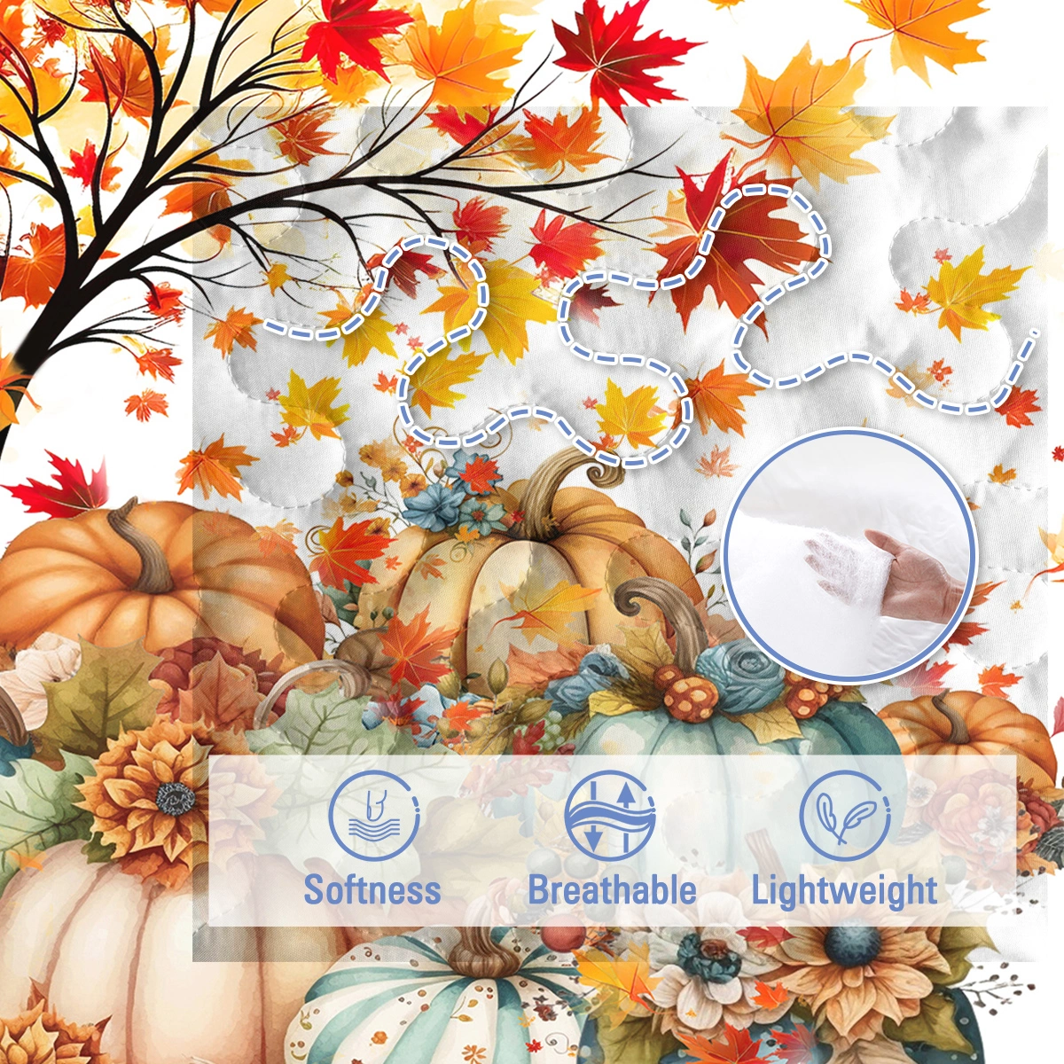 3PCS Colorful Oil Painting Pumpkin Pattern Quilt Set Queen Size for All Seasons Flower Fall Leaves Bedding Set with 2 Pillowcases for Kids Adults Thanksgiving Day Gifts(temu is self-pickup only) view 5