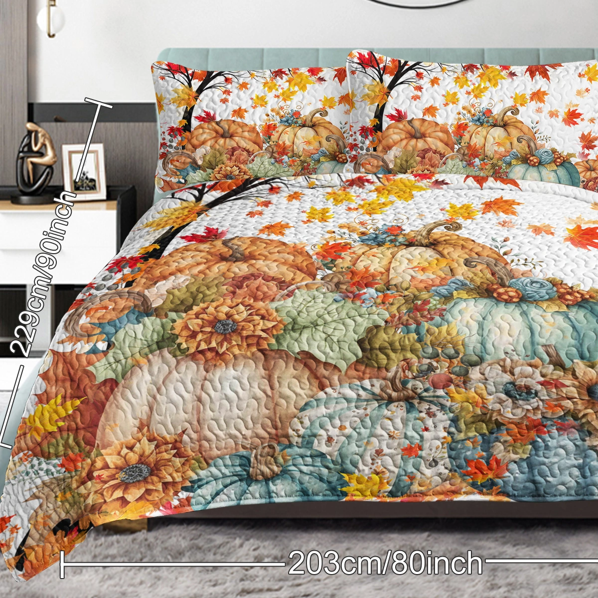 3PCS Colorful Oil Painting Pumpkin Pattern Quilt Set Queen Size for All Seasons Flower Fall Leaves Bedding Set with 2 Pillowcases for Kids Adults Thanksgiving Day Gifts(temu is self-pickup only) view 9