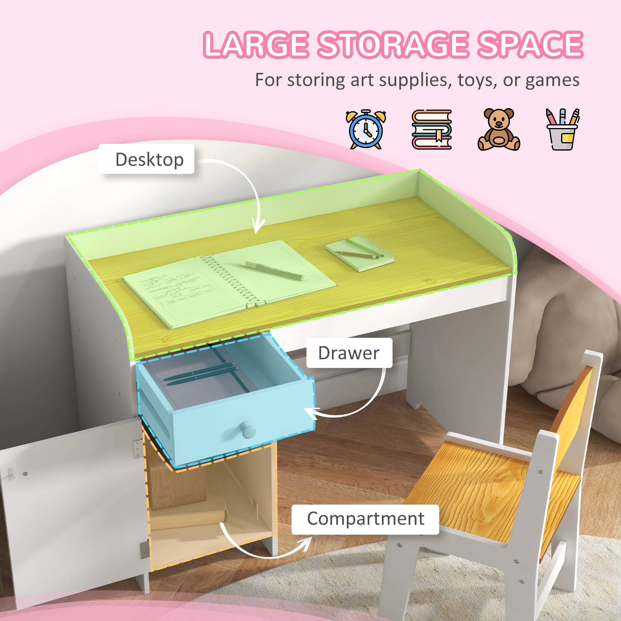 Kids Desk and Chair Set, Adjustable Height Study Table and Seat Combo with Storage Shelf, Ergonomic Home Learning Furniture for Bedroom view 3