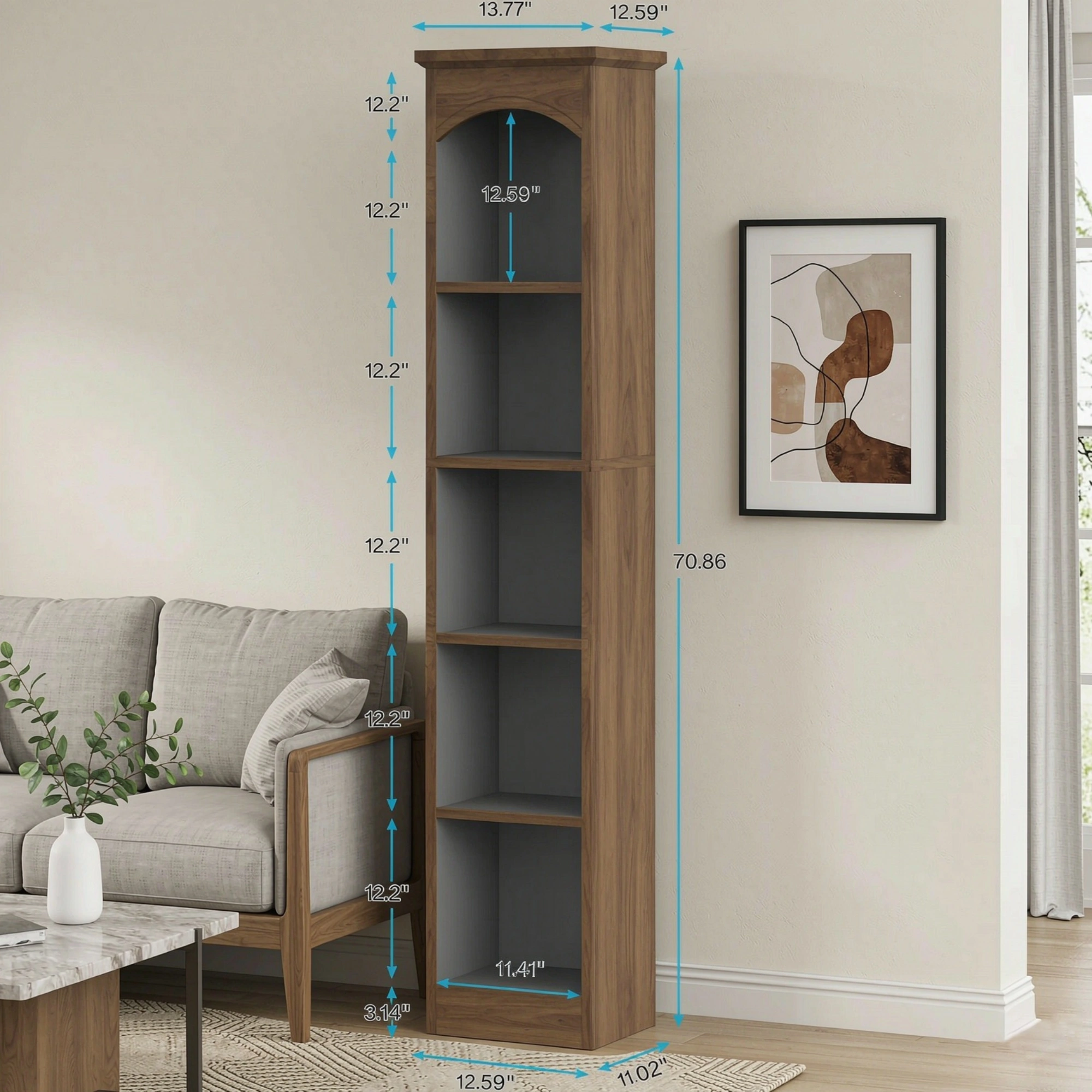 70.9" Narrow 5-Tier Bookshelf, Modern Cube Storage Shelf, Display Rack Organizer for Living Room, Bedroom view 6