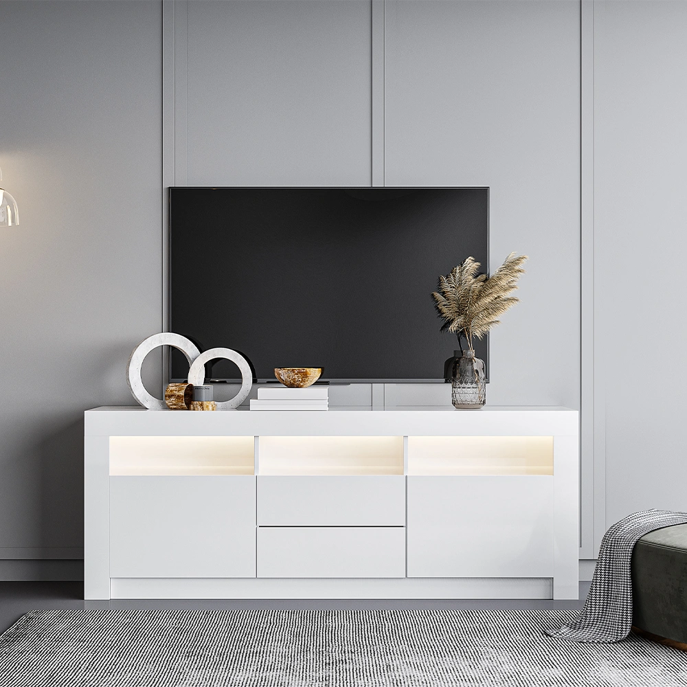 157cm TV Unit Stand Cabinet Sideboard High Gloss Front LED Light All White