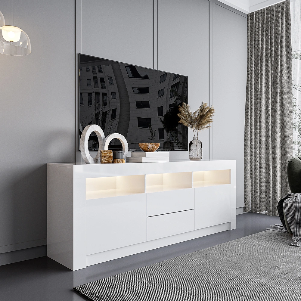 157cm TV Unit Stand Cabinet Sideboard High Gloss Front LED Light All White view 2
