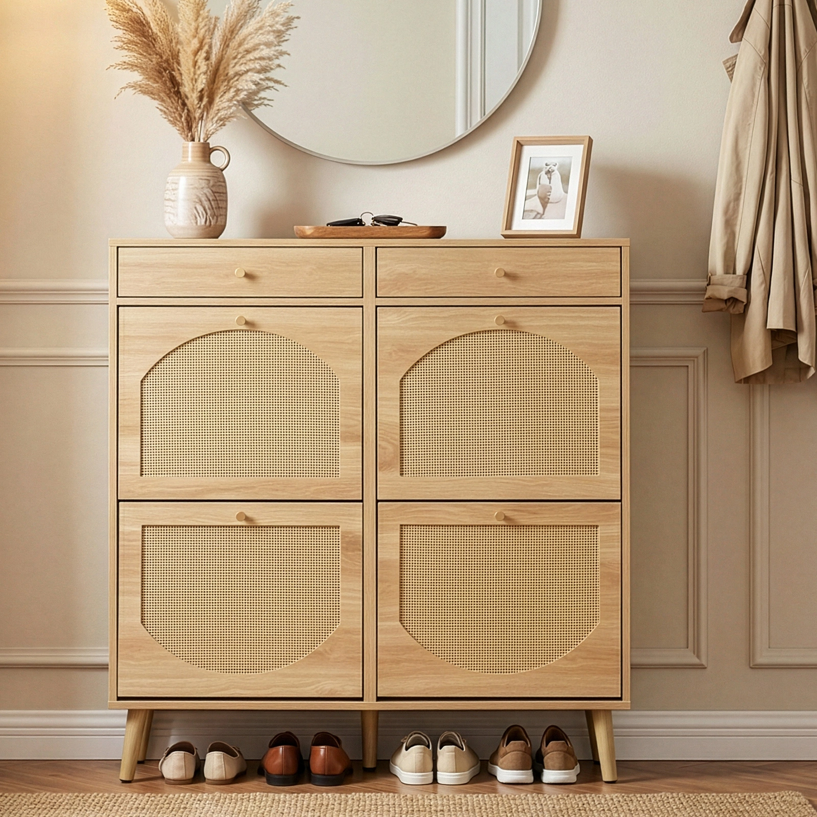 Rattan-front shoe cabinet with 2 drawers and 4 flip-down compartments, made of particleboard, 105*24*110cm, natural wood color