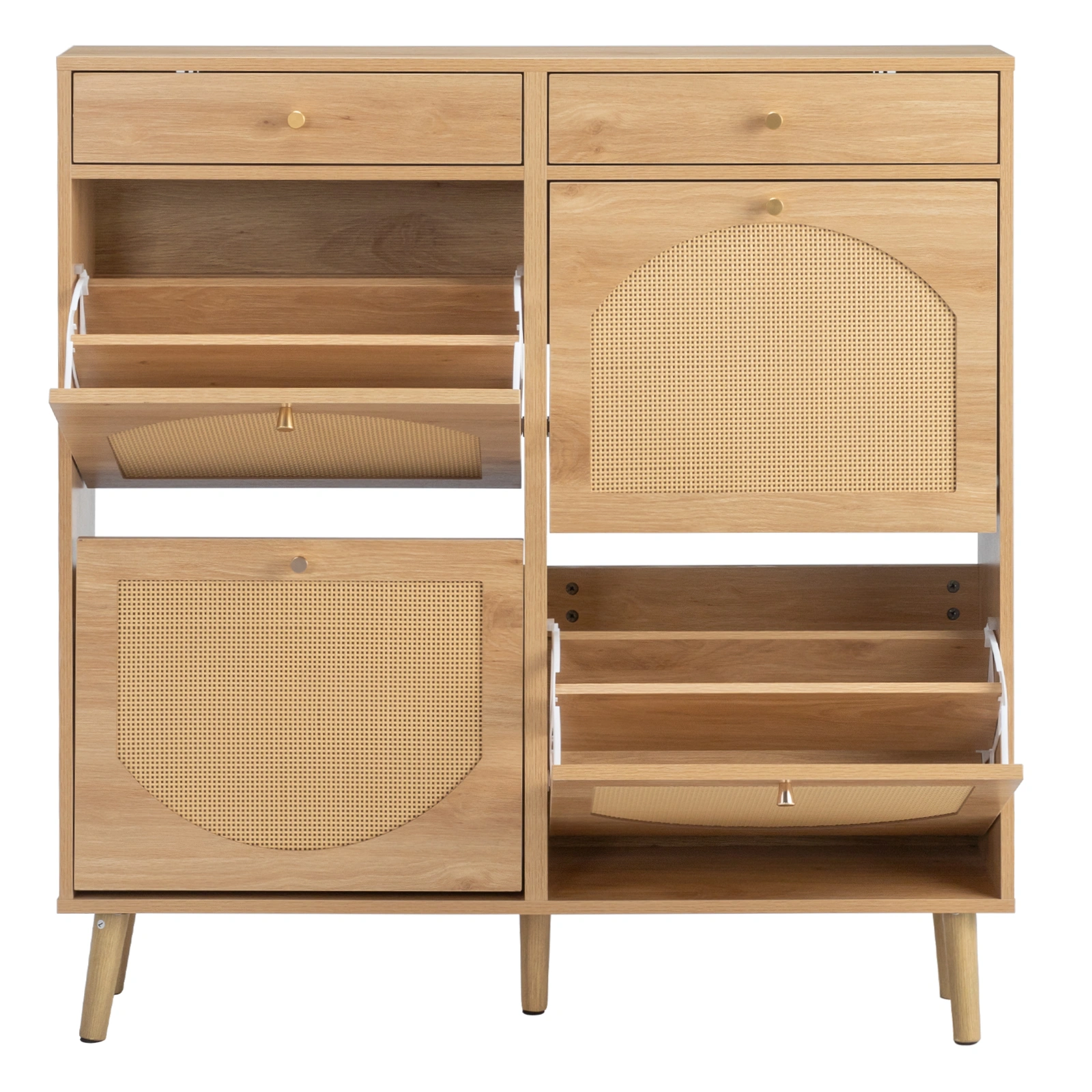 Rattan-front shoe cabinet with 2 drawers and 4 flip-down compartments, made of particleboard, 105*24*110cm, natural wood color view 10