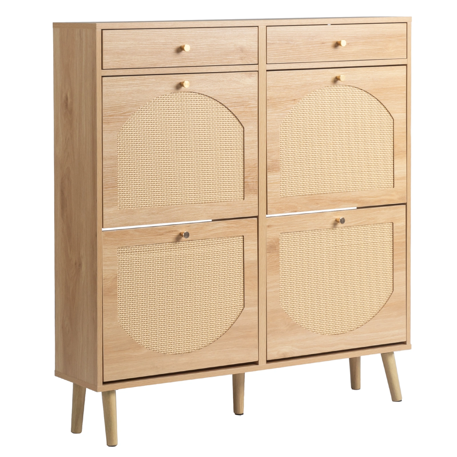 Rattan-front shoe cabinet with 2 drawers and 4 flip-down compartments, made of particleboard, 105*24*110cm, natural wood color view 2