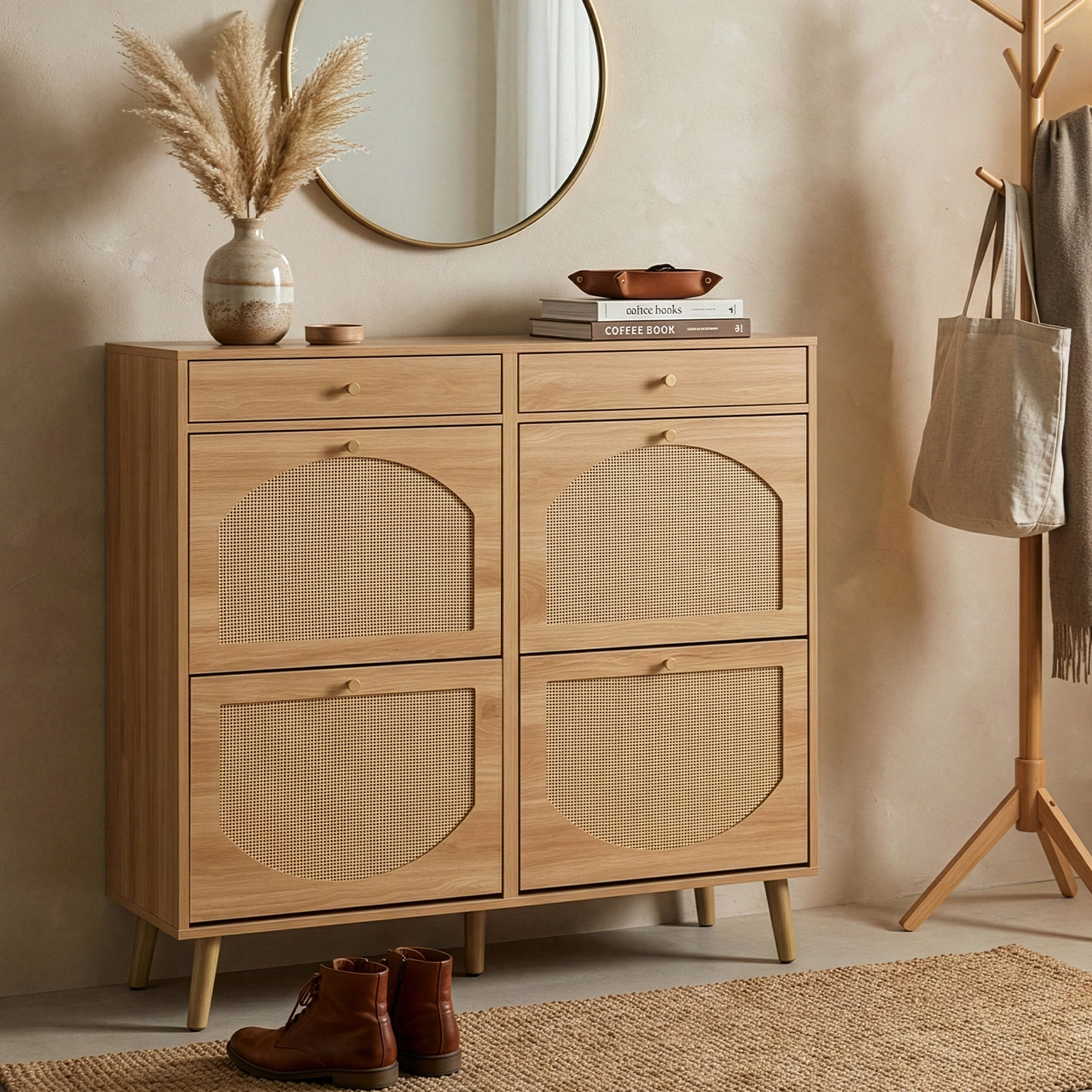 Rattan-front shoe cabinet with 2 drawers and 4 flip-down compartments, made of particleboard, 105*24*110cm, natural wood color view 6