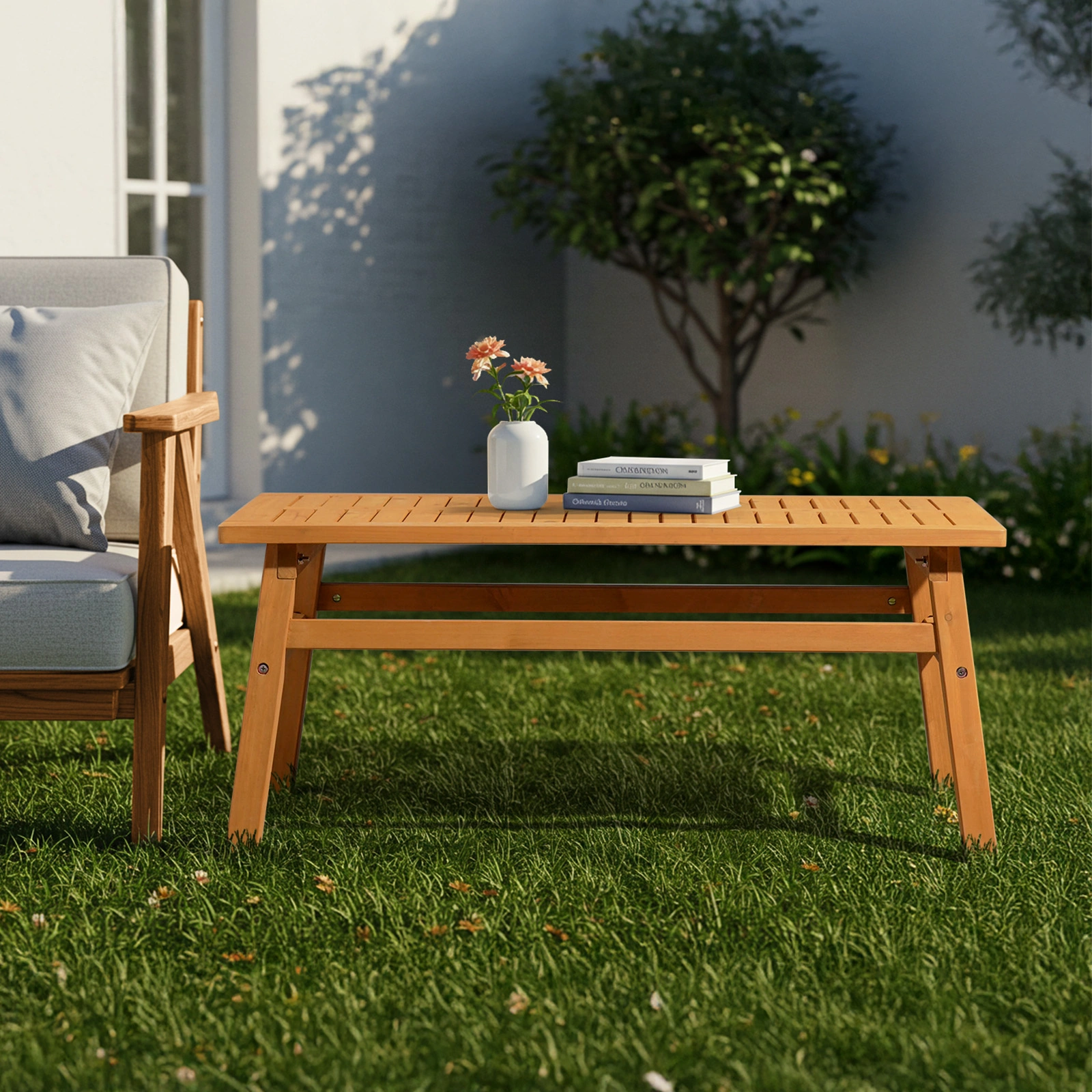 Outdoor Wood Coffee Table, 42" Farmhouse Side Table for Patio, Solid Cedar Wood Accent Table with Slatted Tabletop for Garden Poolside Lawn Living Room, Teak Wood Finish view 6