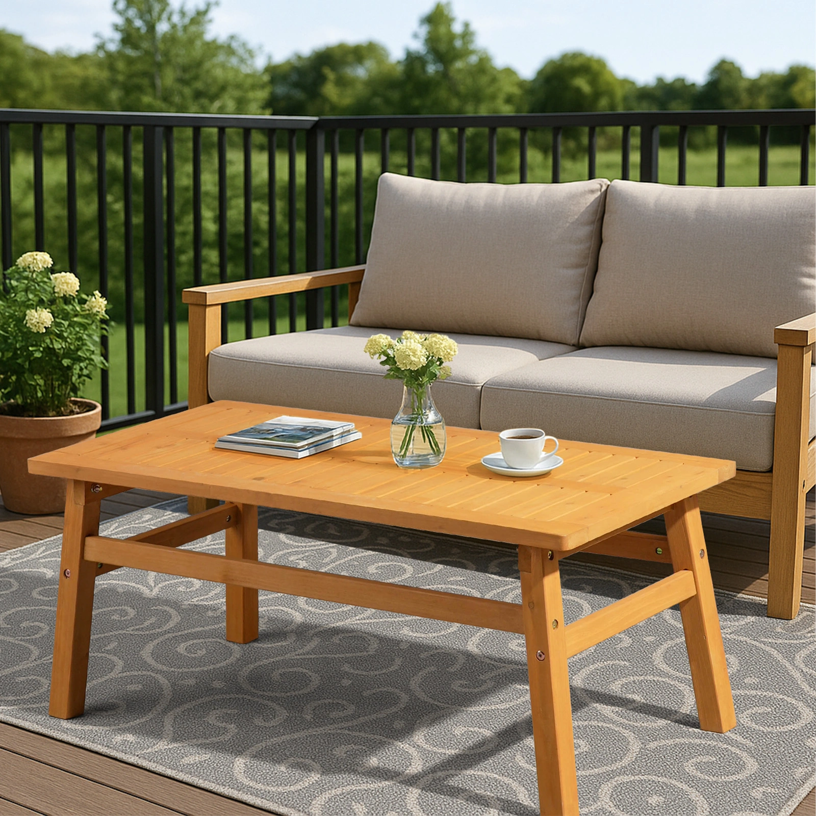 Outdoor Wood Coffee Table, 42" Farmhouse Side Table for Patio, Solid Cedar Wood Accent Table with Slatted Tabletop for Garden Poolside Lawn Living Room, Teak Wood Finish view 7