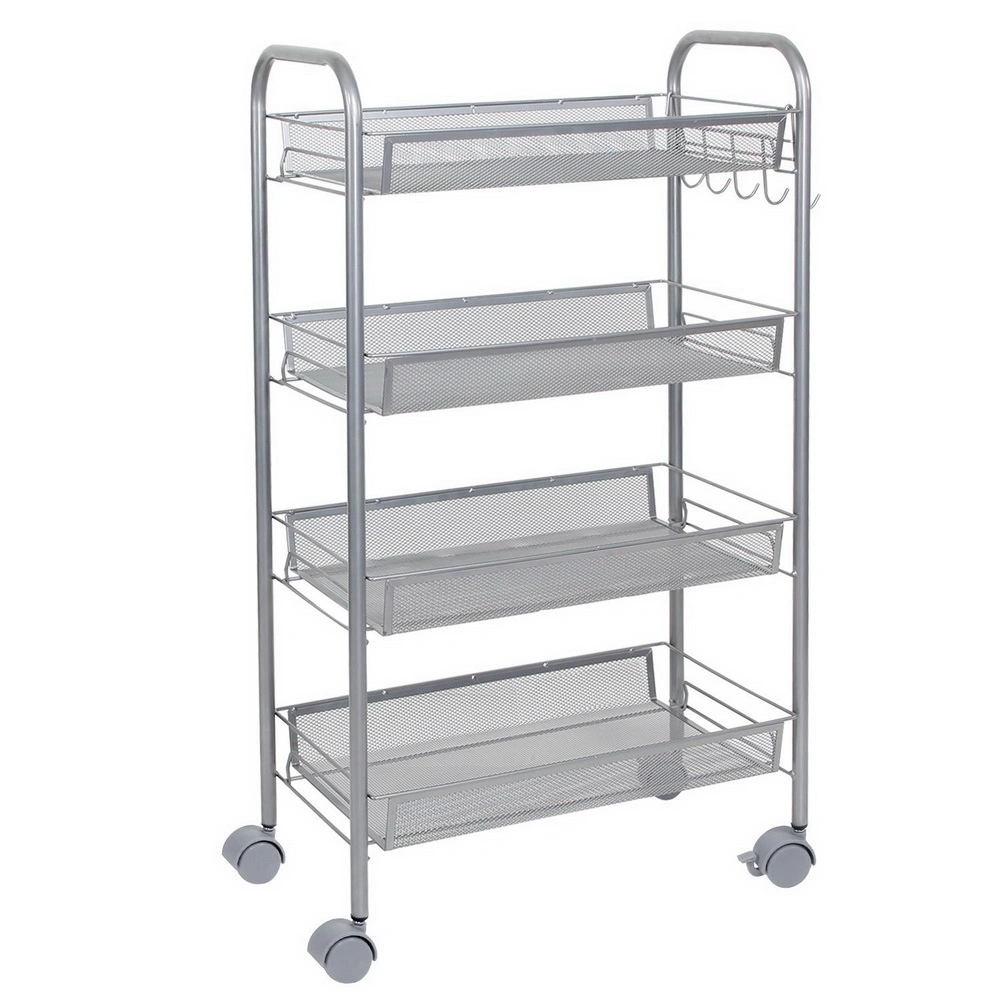 Silver Honeycomb Mesh 4-Layer Removable Storage Cart - Multi-Tier Rolling Organizer with Mesh Design